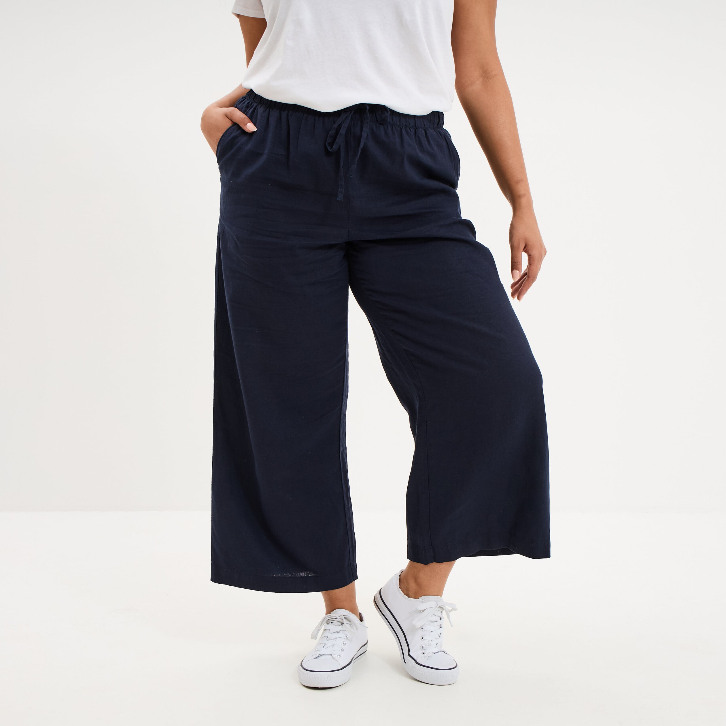 Pantalon large cropped lin m&eacute;lang&eacute; bleu fonc&eacute; femme grande taille