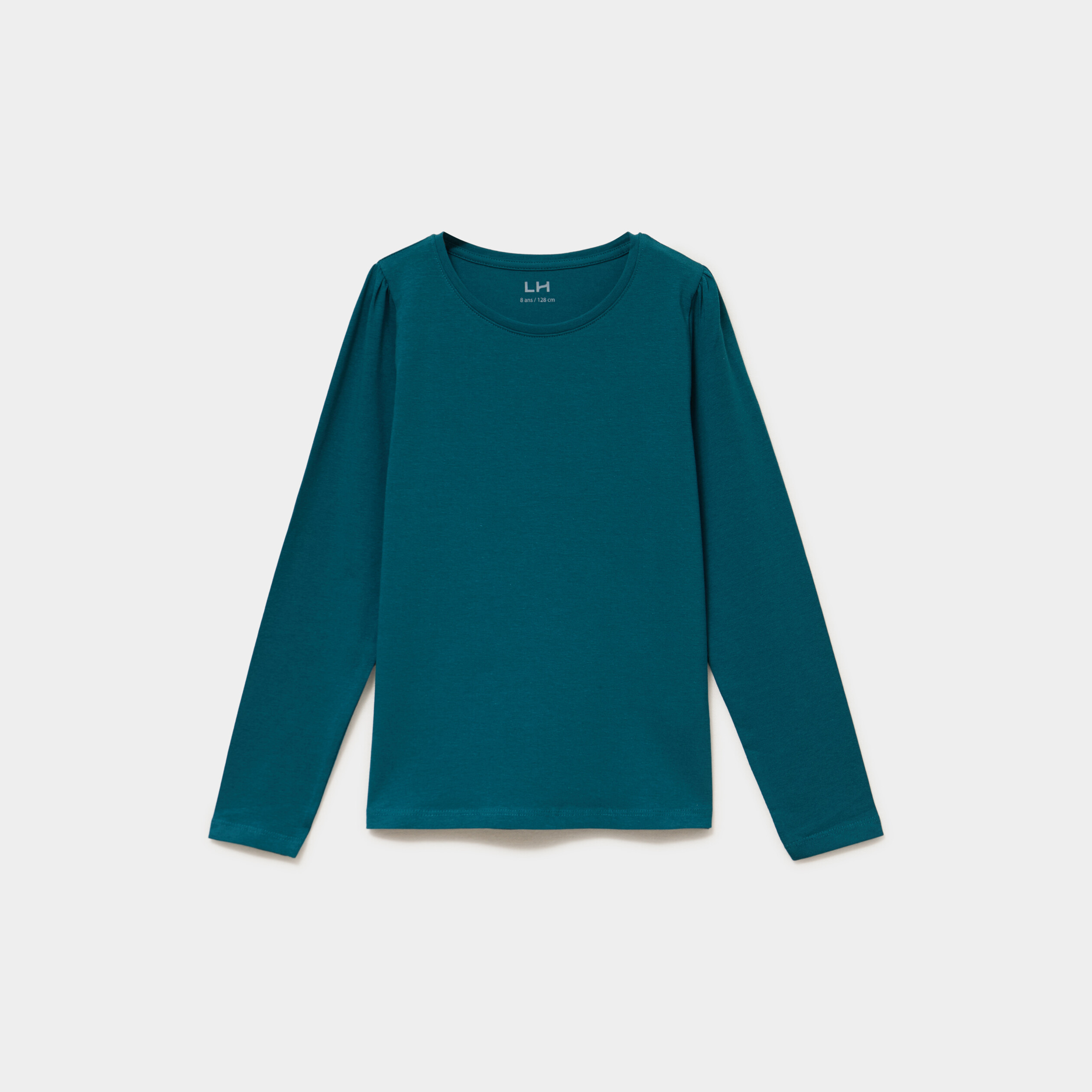 T-shirt coton manches longues &agrave; fronces vert fonc&eacute; fille