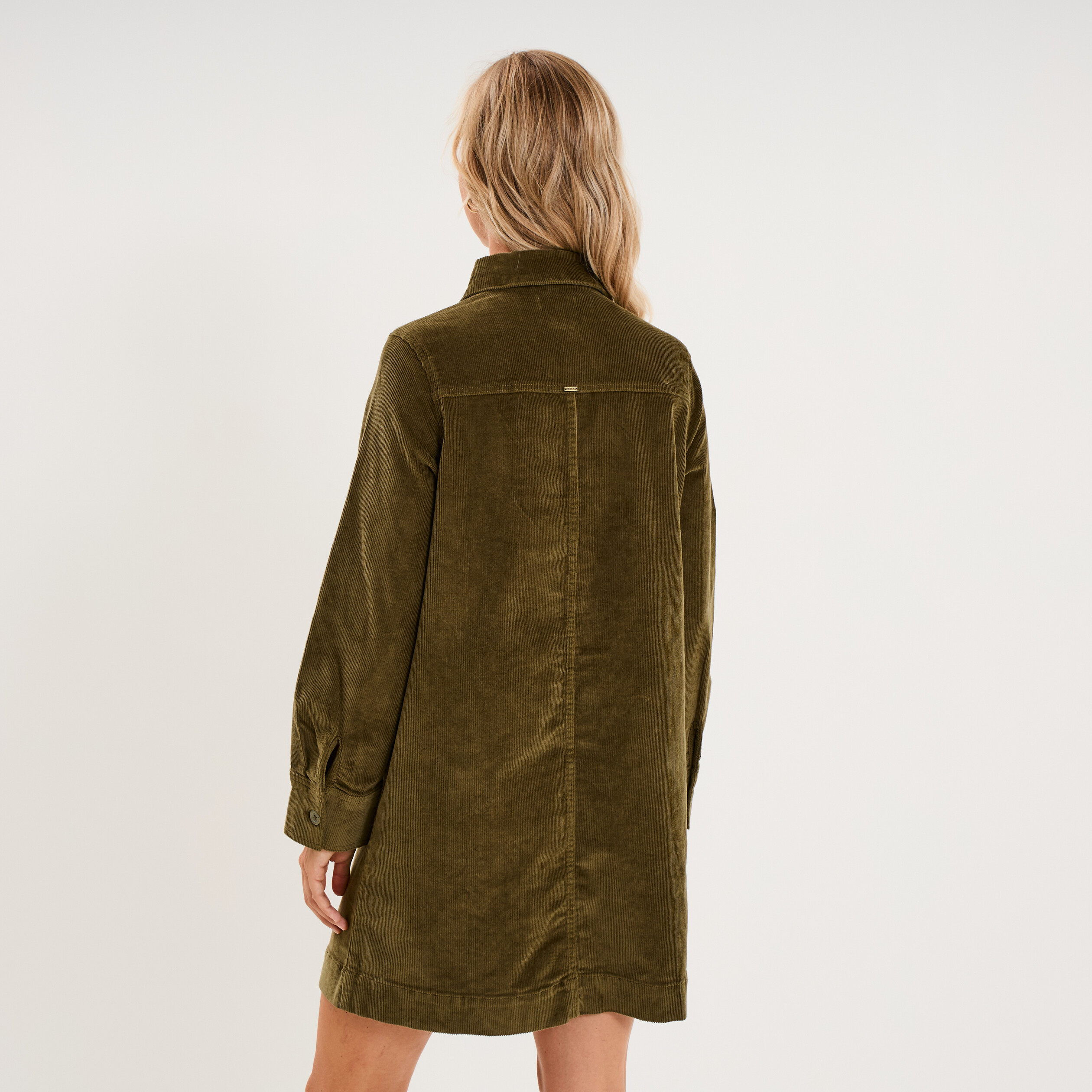Robe droite velours col chemise vert kaki femme