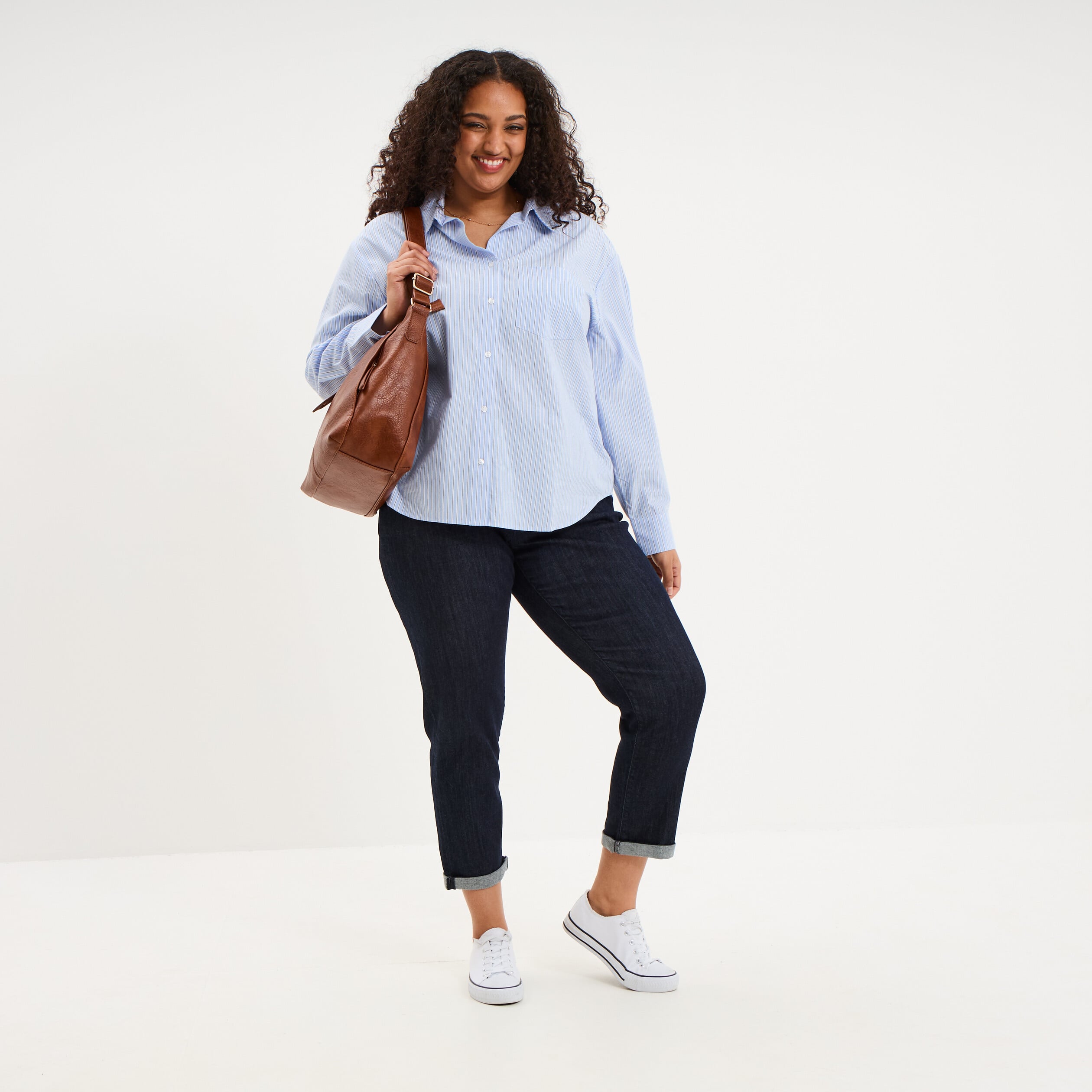 Chemise oversize manches longues coton bleu ciel femme grande taille