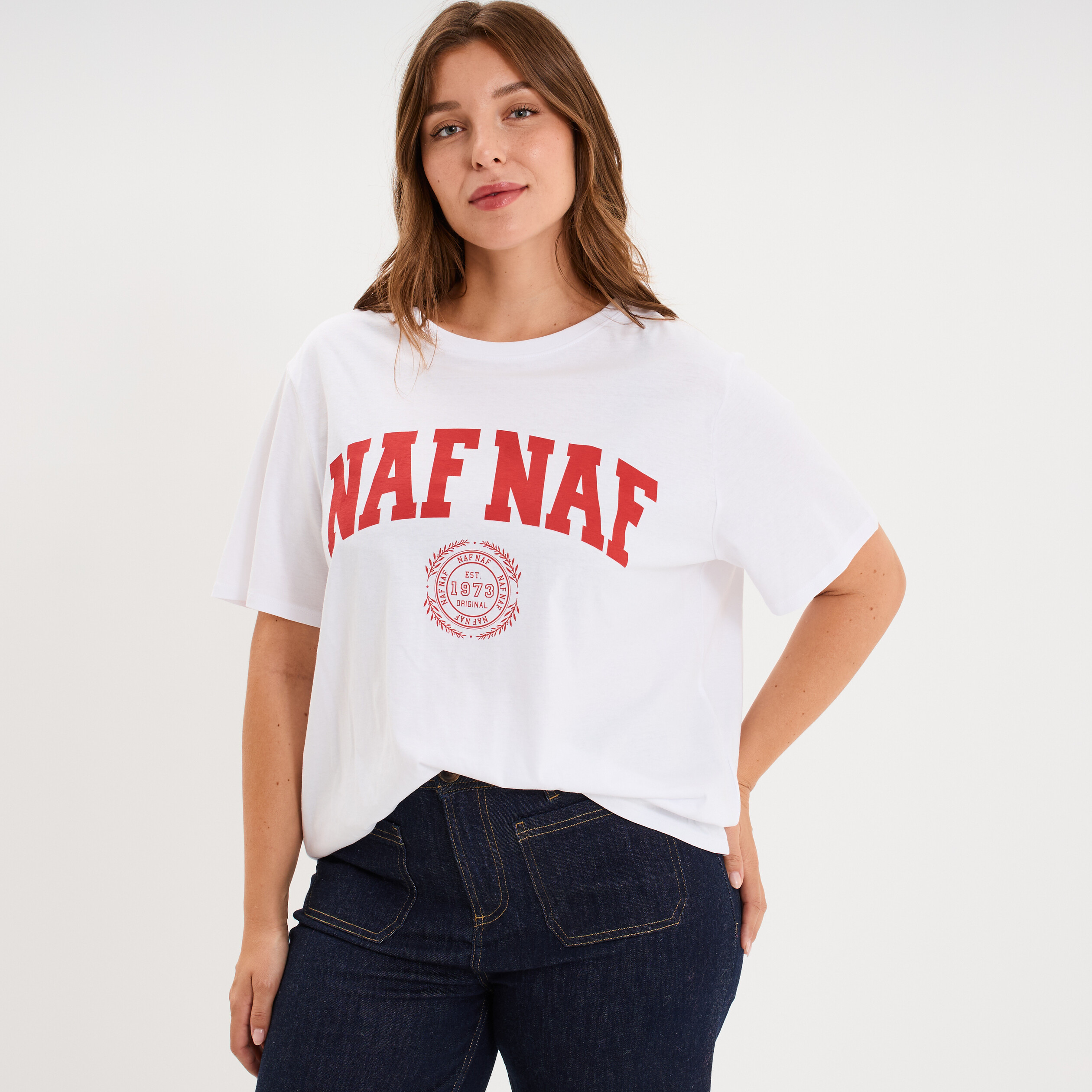 T-shirt loose logo NAF NAF floqu&eacute; blanc femme grande taille