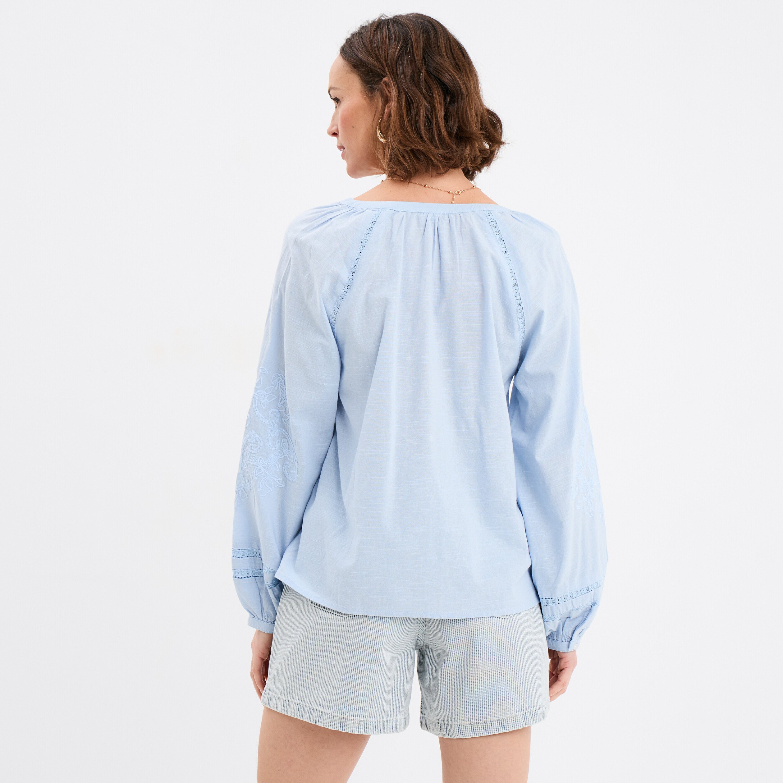 blouse manches ballons brodees bleu ciel femme Blouse manches ballons brodées bleu ciel femme