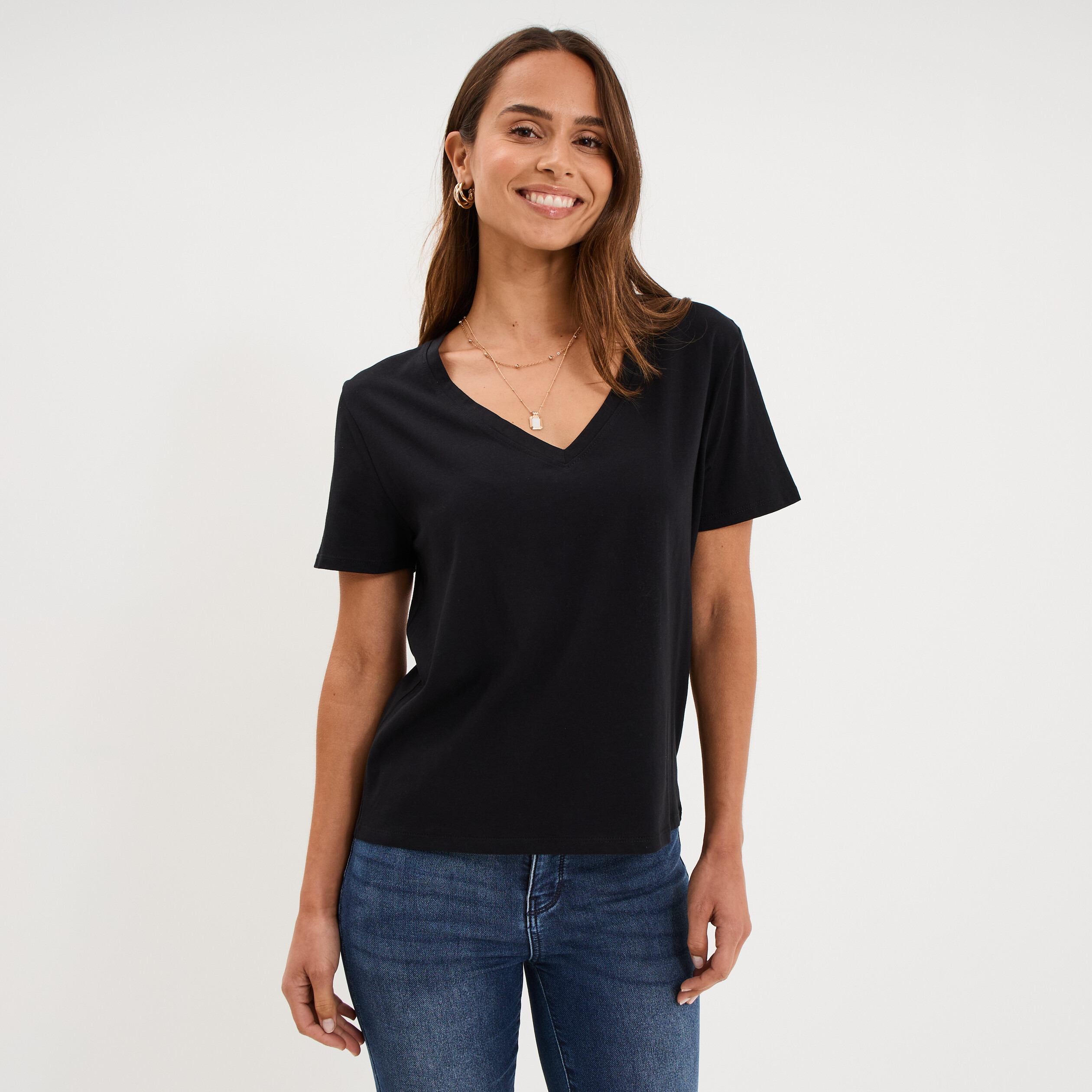 T-shirt manches courtes col en V coton noir femme