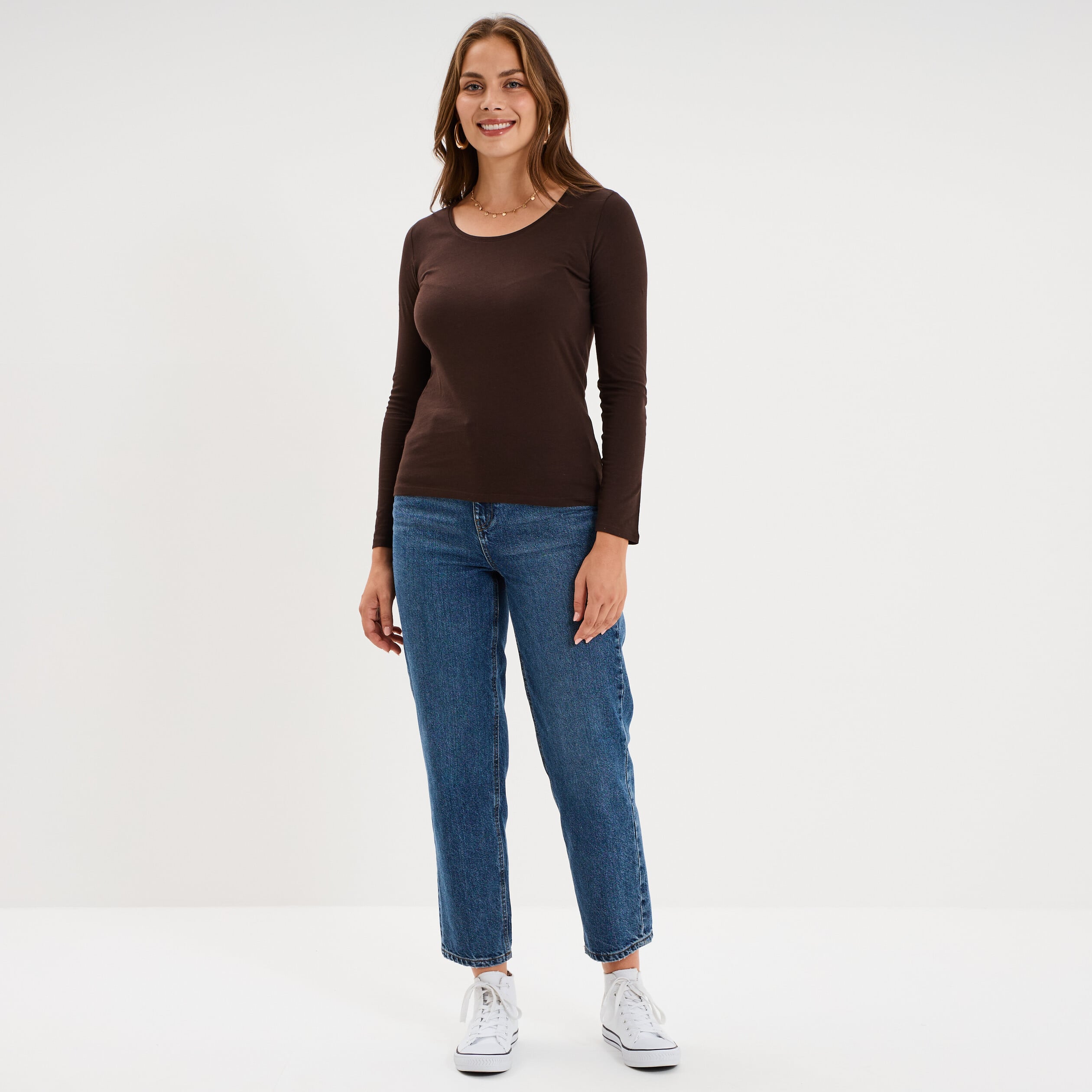 T-shirt coton col rond manches longues marron fonc&eacute; femme