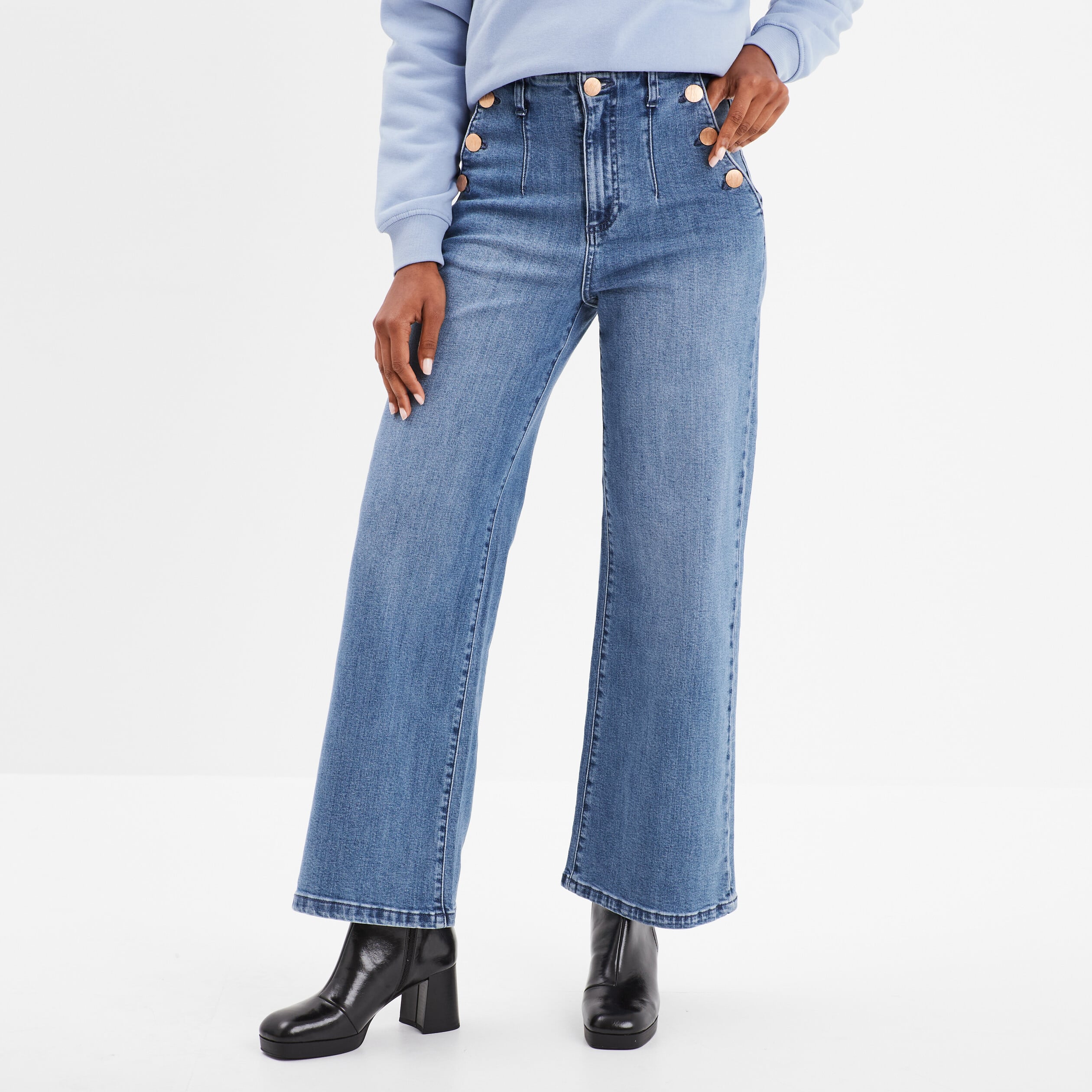 Jean flare cropped taille haute &agrave; pont denim triple stone femme
