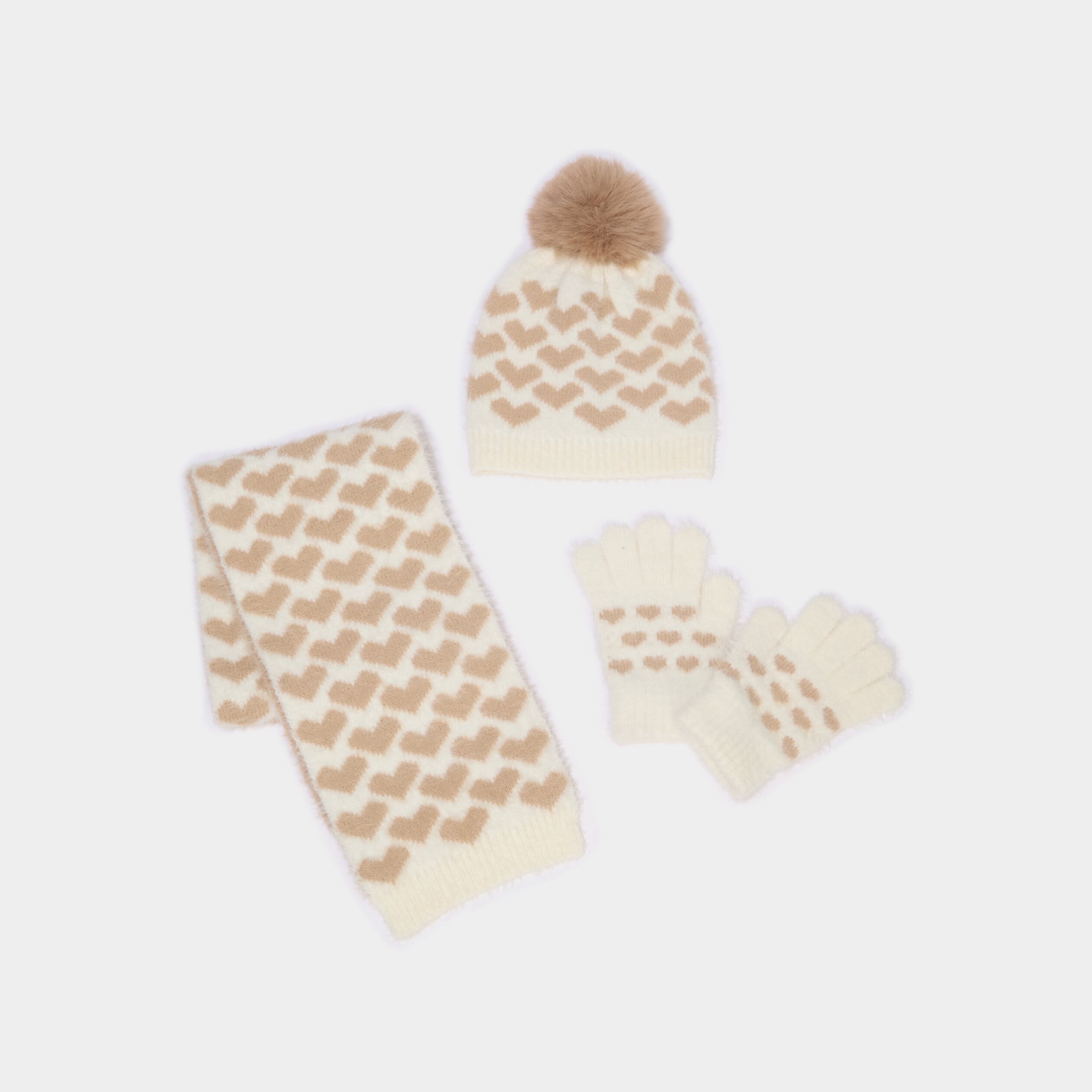 Ensemble &eacute;charpe, bonnet et gants sable fille