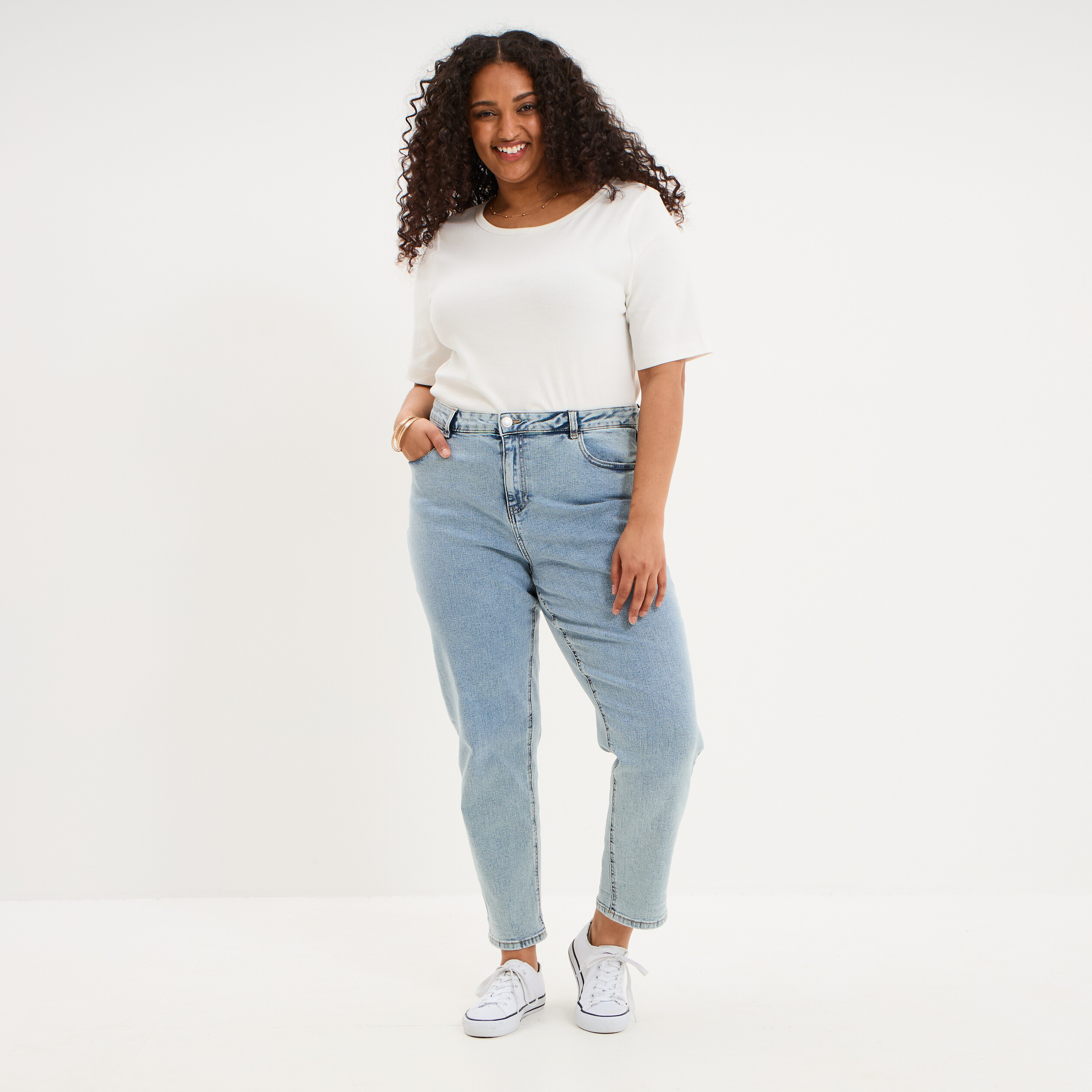 Jeans mom cropped taille haute denim double stone femme grande taille