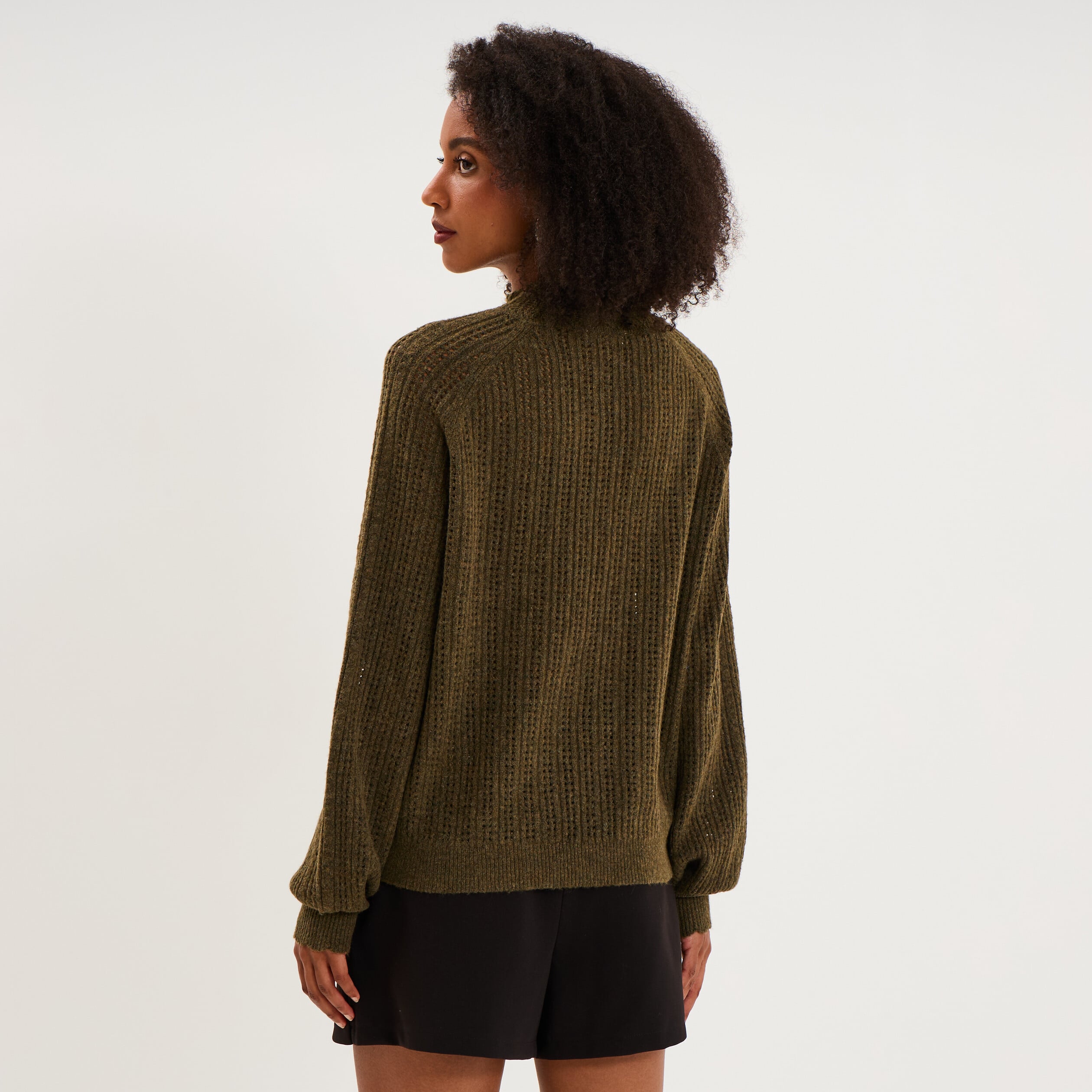 Pull col montant textur&eacute; manches longues vert kaki femme