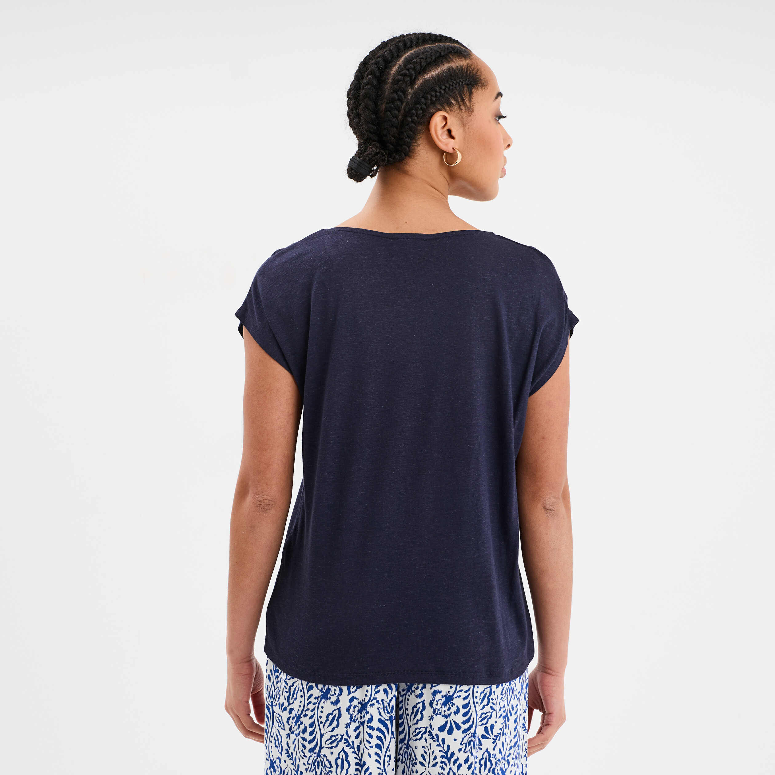 t shirt manches courtes lin melange bleu fonce femme T-shirt manches courtes lin mélangé bleu foncé femme