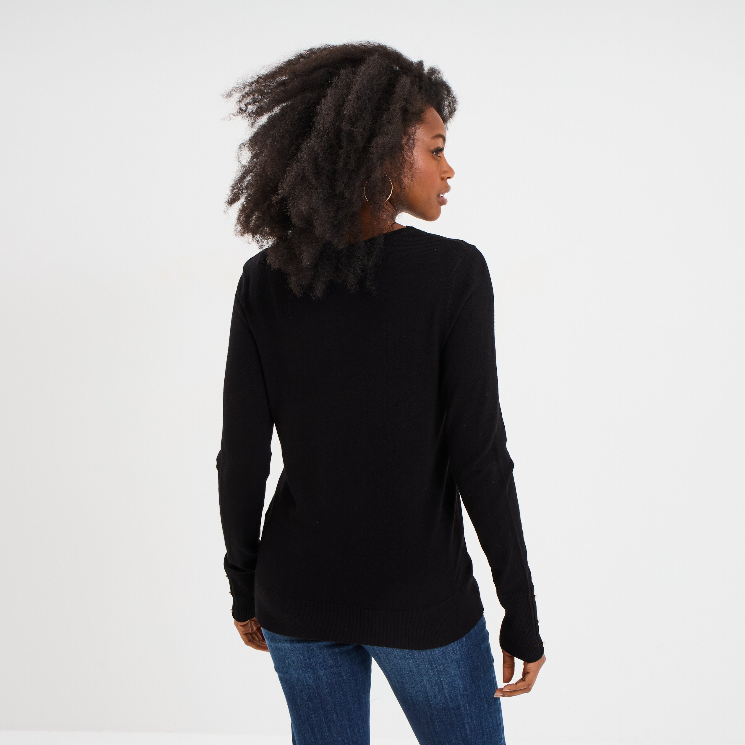 pull col rond boutons aux poignets noir femme Pull col rond boutons aux poignets noir femme