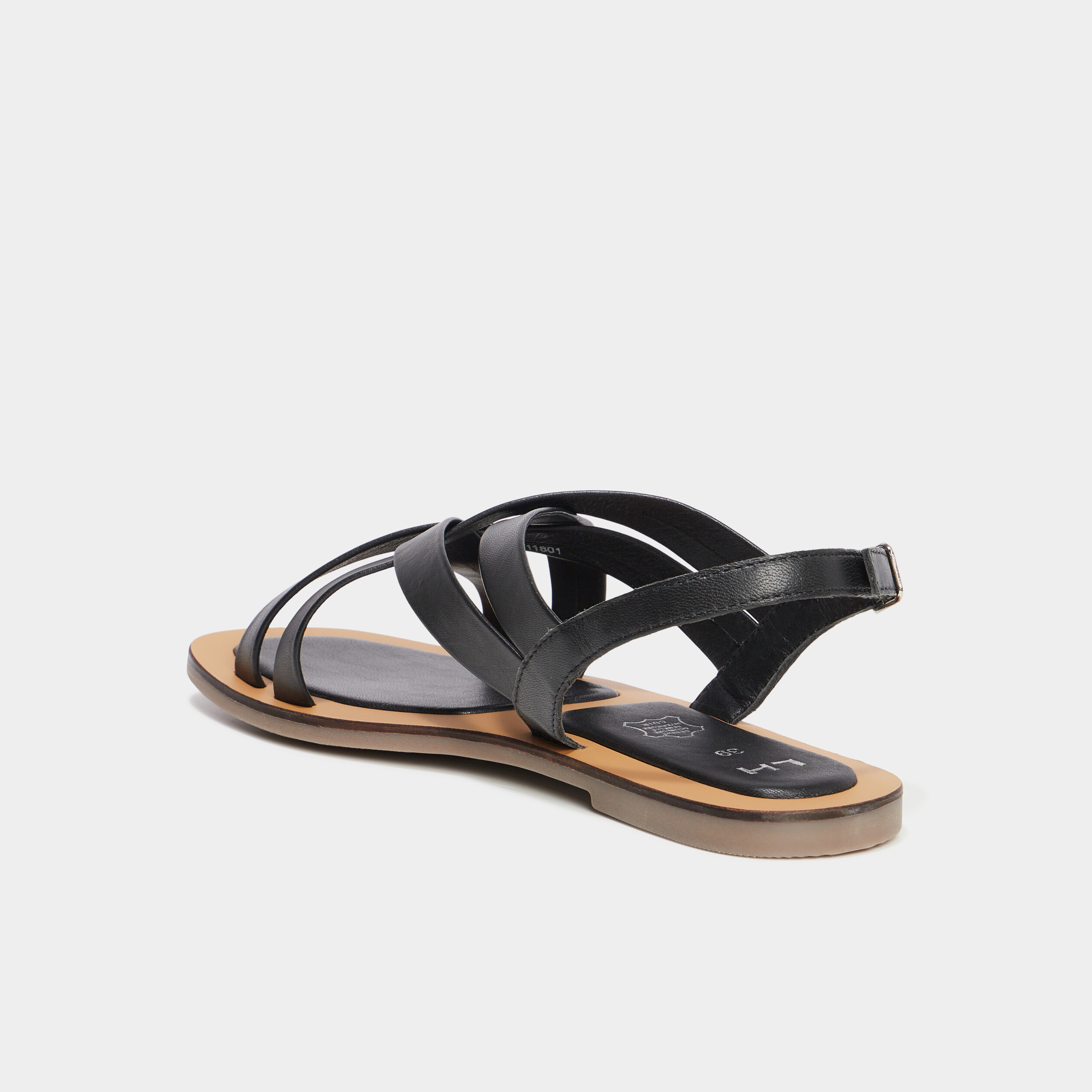 Sandales plates brides crois&eacute;es en cuir noir femme