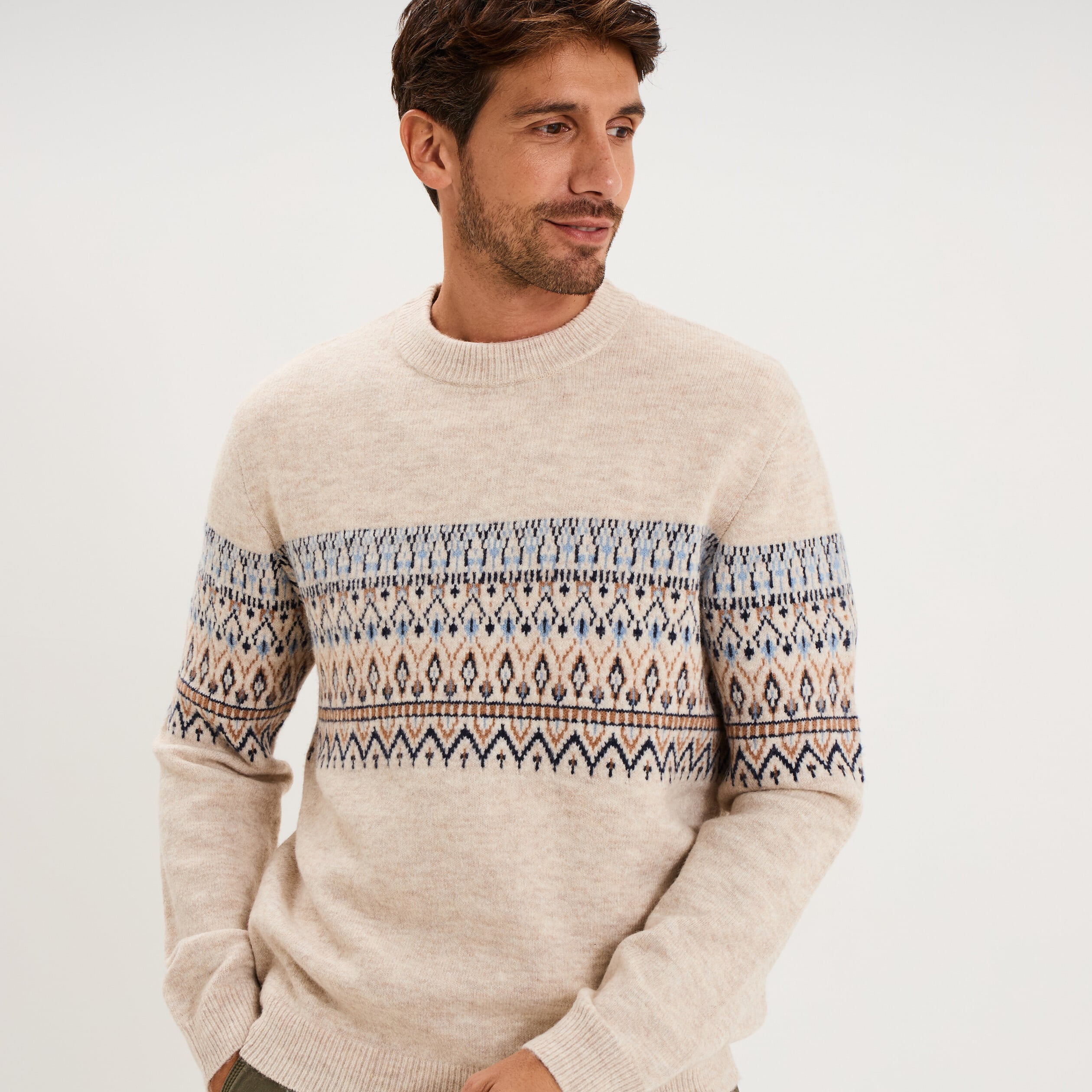 Pull jacquard col rond manches longues ecru homme