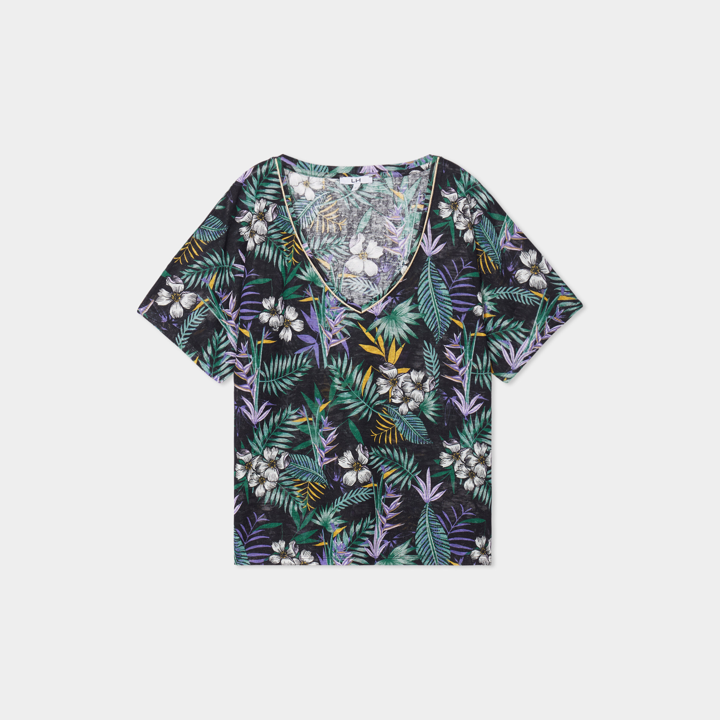 T-shirt col en V manches courtes noir femme