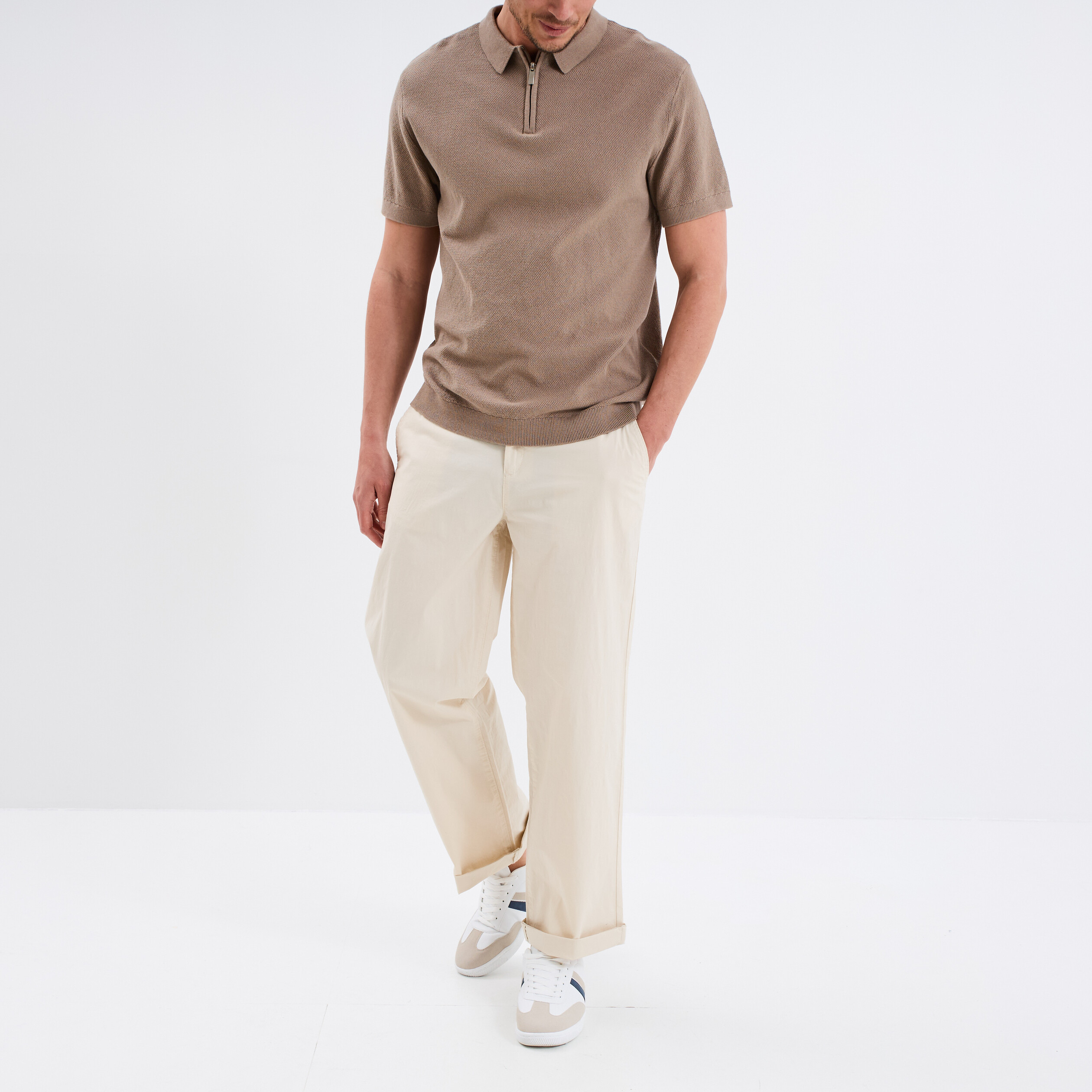 polo col zippe manches courtes coton taupe homme Polo col zippé manches courtes coton taupe homme
