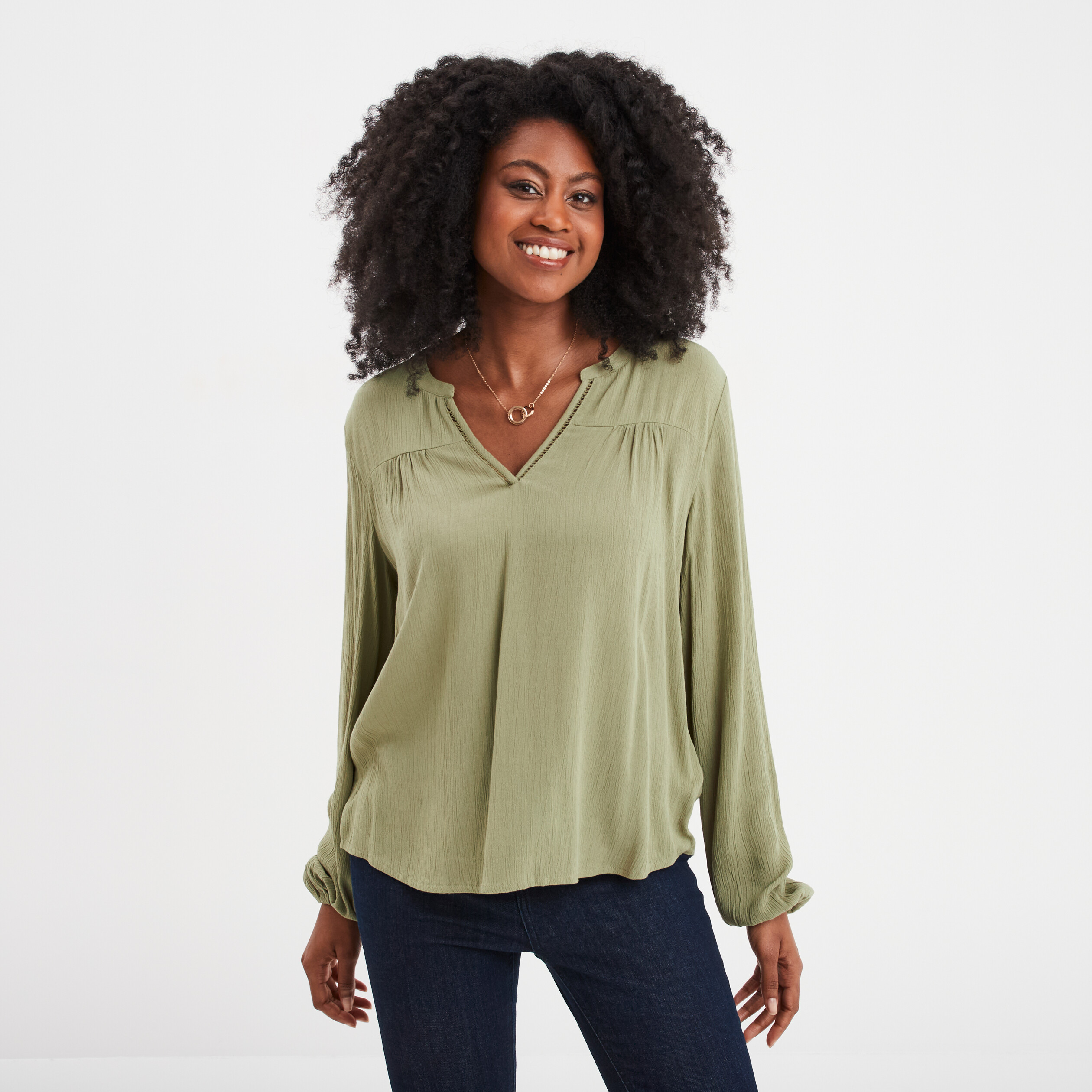 Blouse col tunisien vert kaki femme
