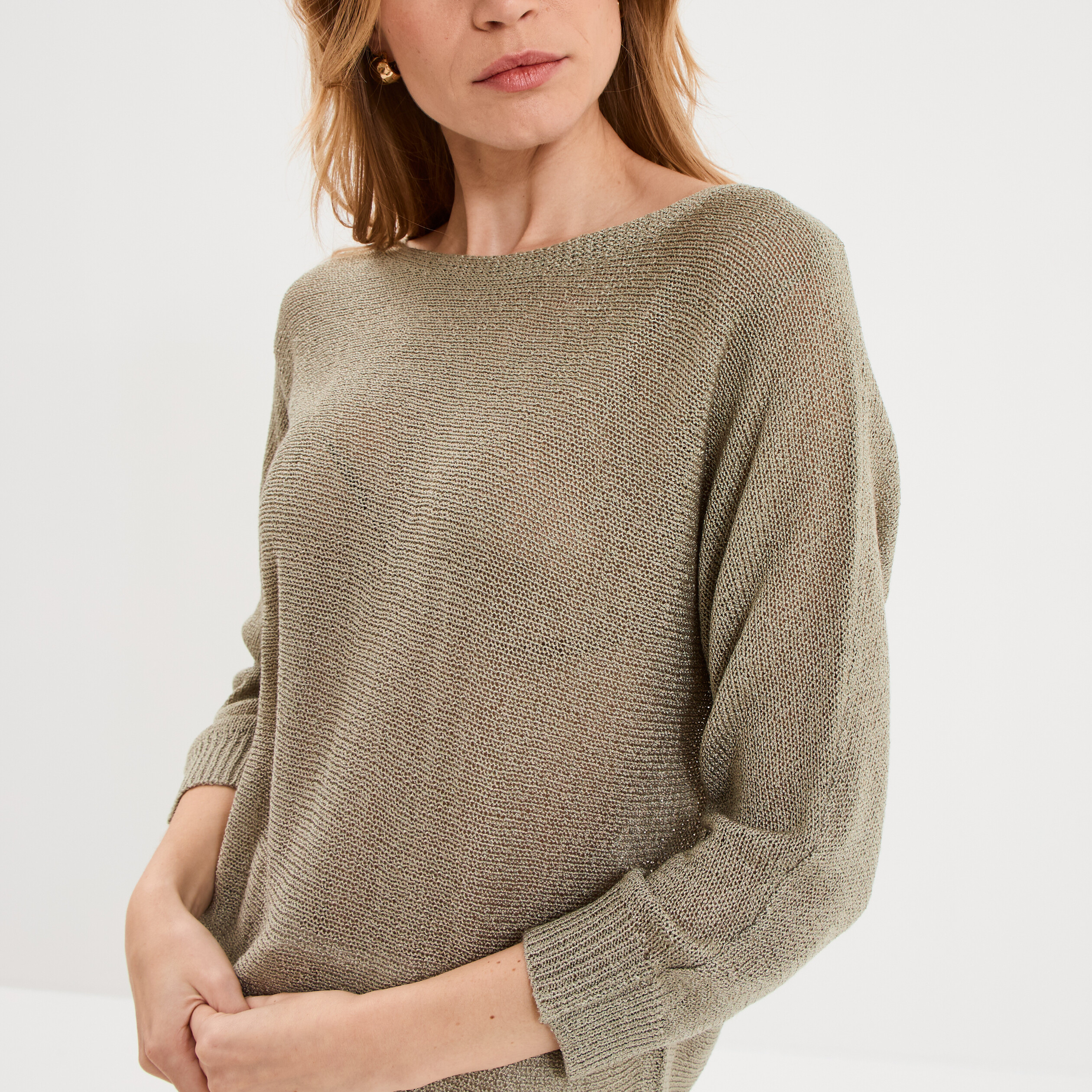 Pull droit col rond manches longues vert kaki femme