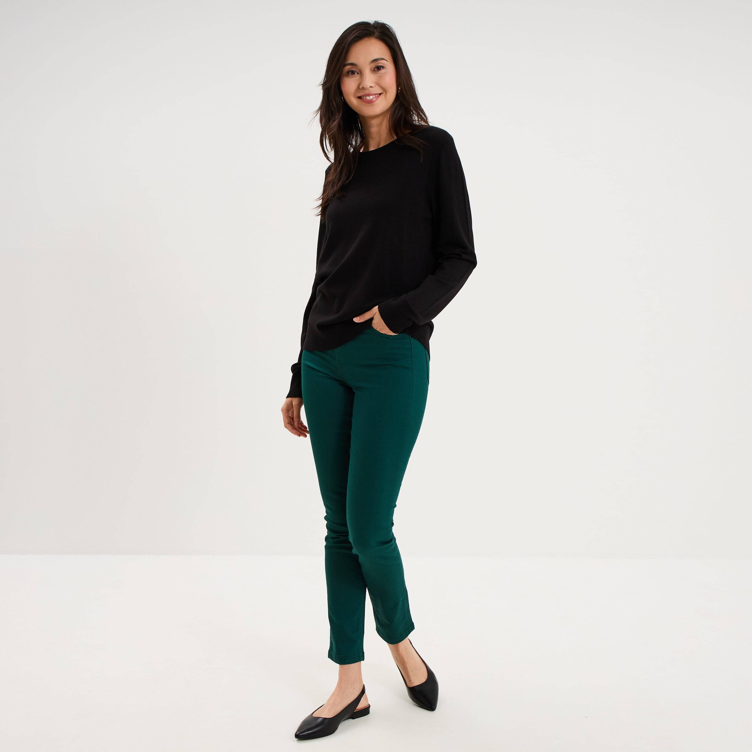 Pantalon slim stretch vert fonc&eacute; femme