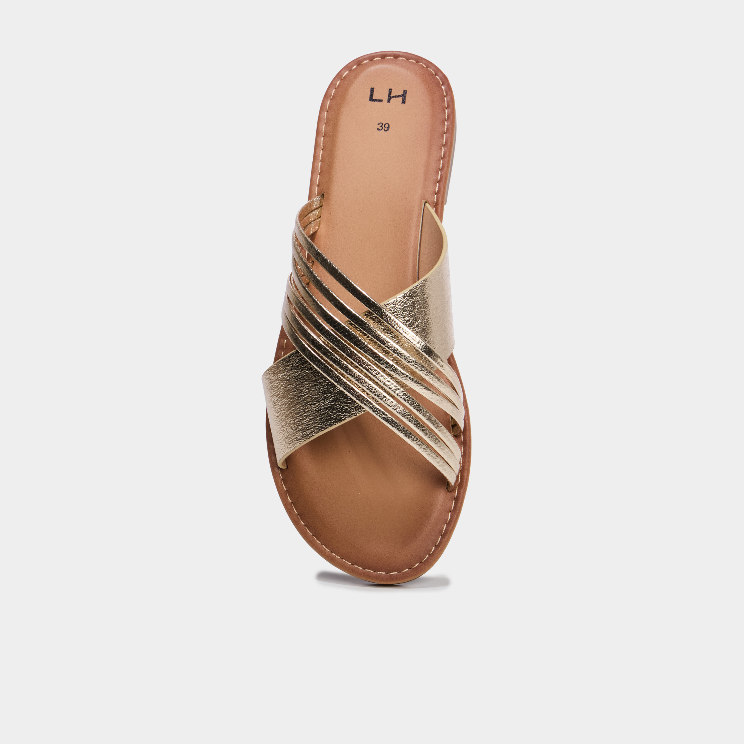 Mules plates avec brides crois&eacute;es jaune or femme