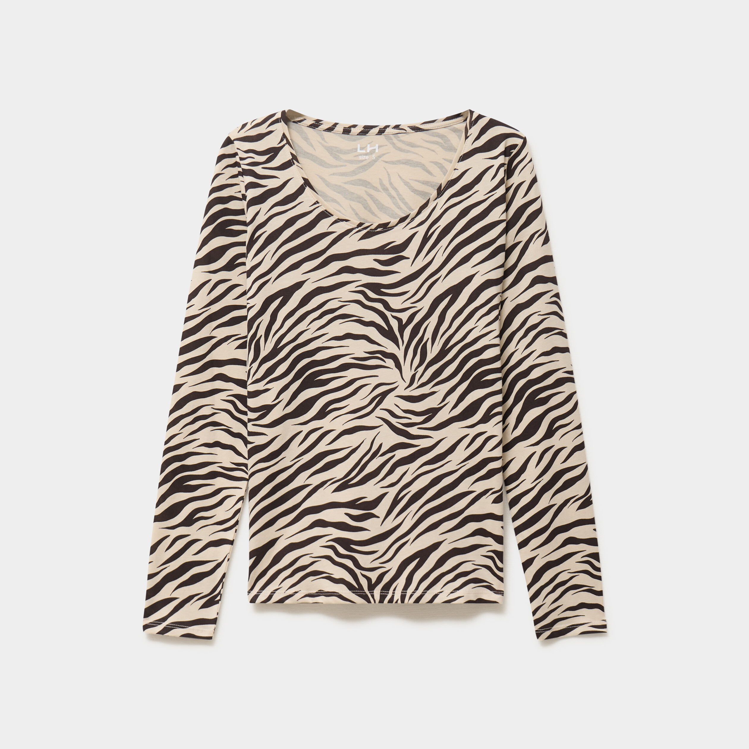 T-shirt col rond manches longues coton beige clair femme
