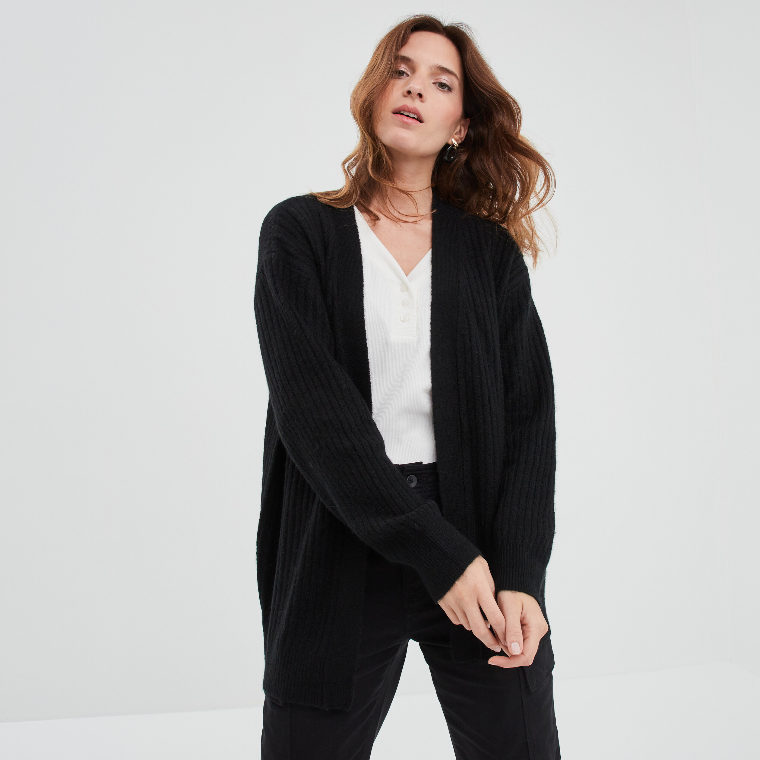 Gilet mi-long côtelé manches longues noir femme