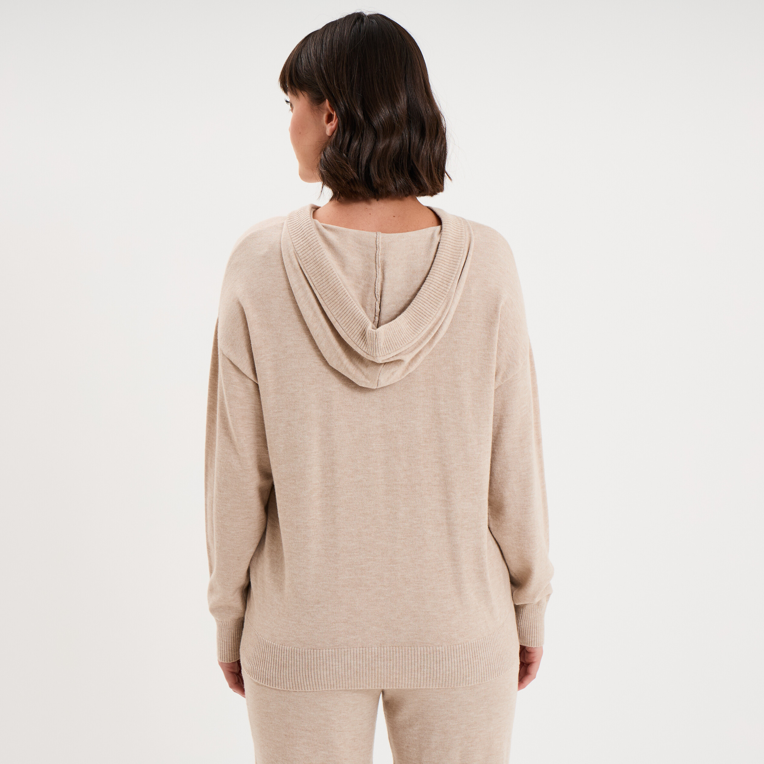 Haut de pyjama hoodie manches longues beige femme