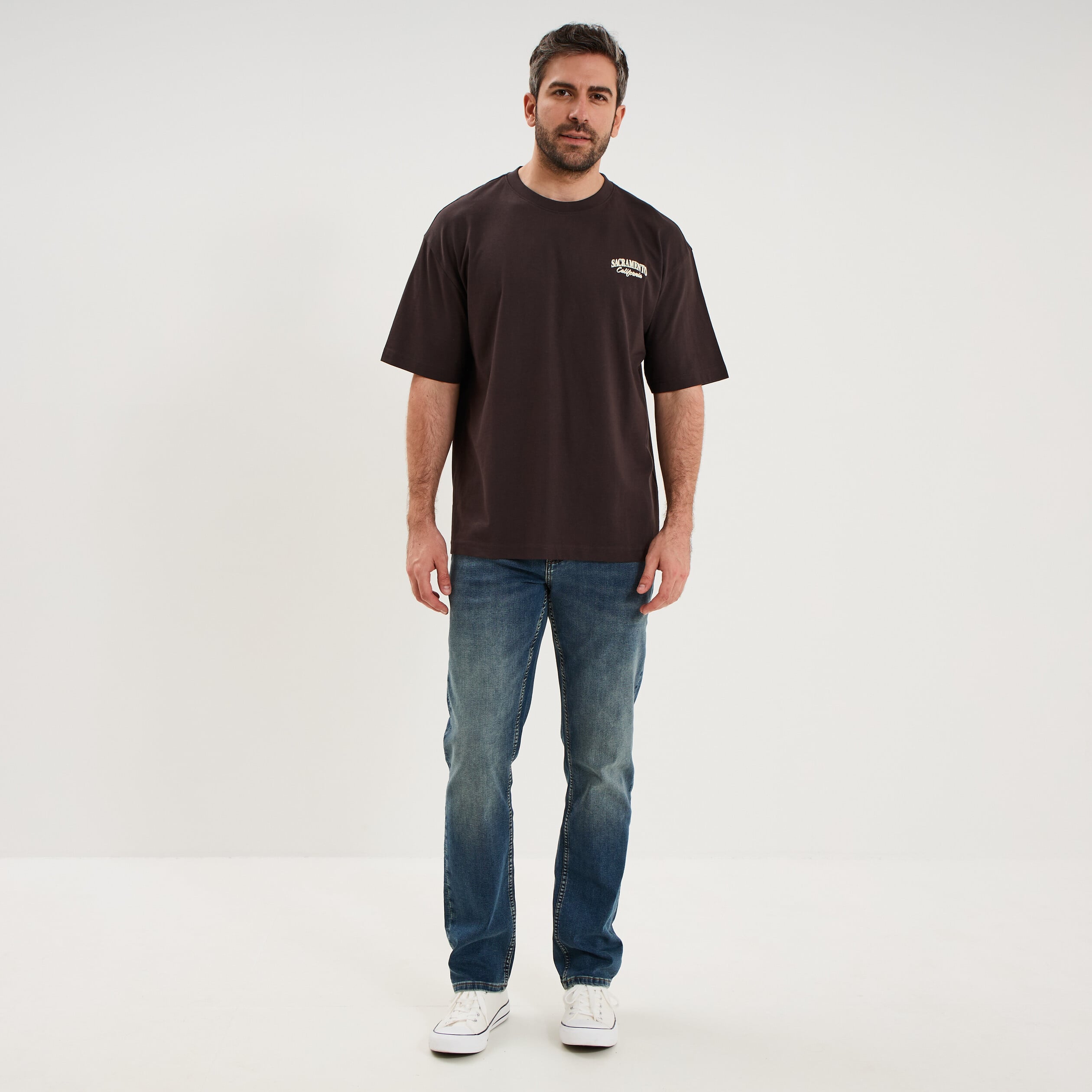 T-shirt relax manches courtes coton marron fonc&eacute; homme