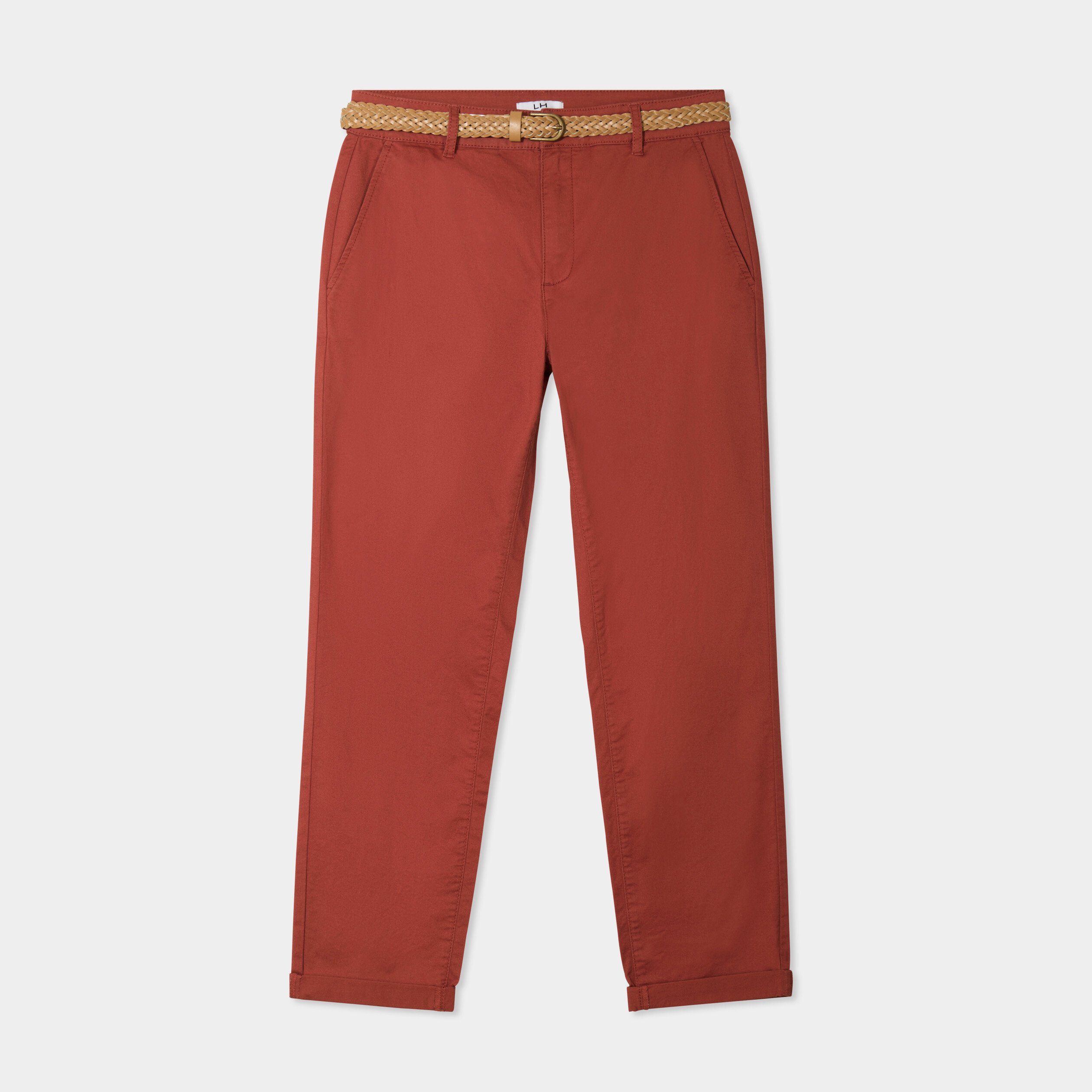 pantalon chino 78eme ceinture tressee rouge fonce femme Pantalon chino 7/8ème ceinture tressée rouge foncé femme