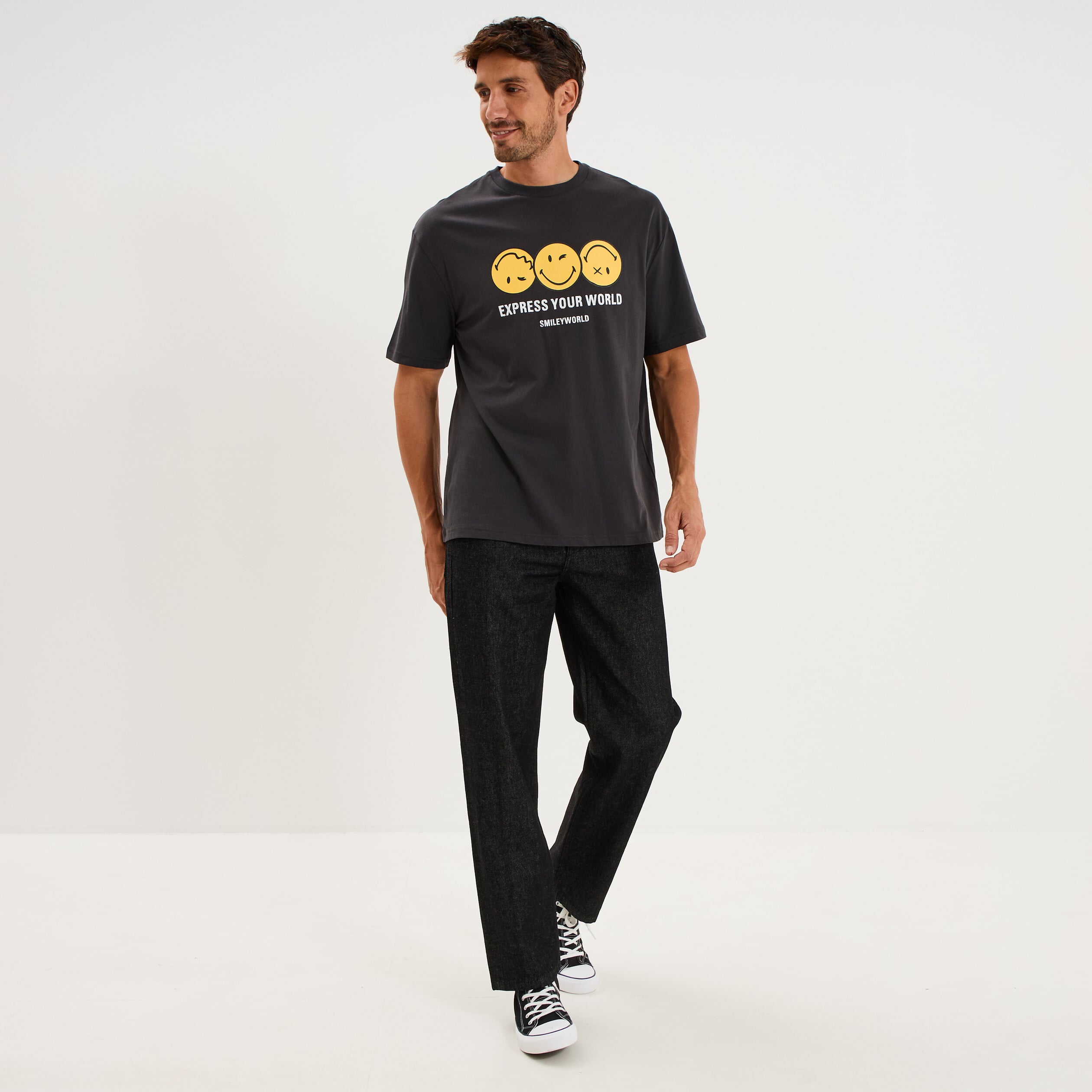 T-shirt regular manches courtes col rond gris fonc&eacute; homme