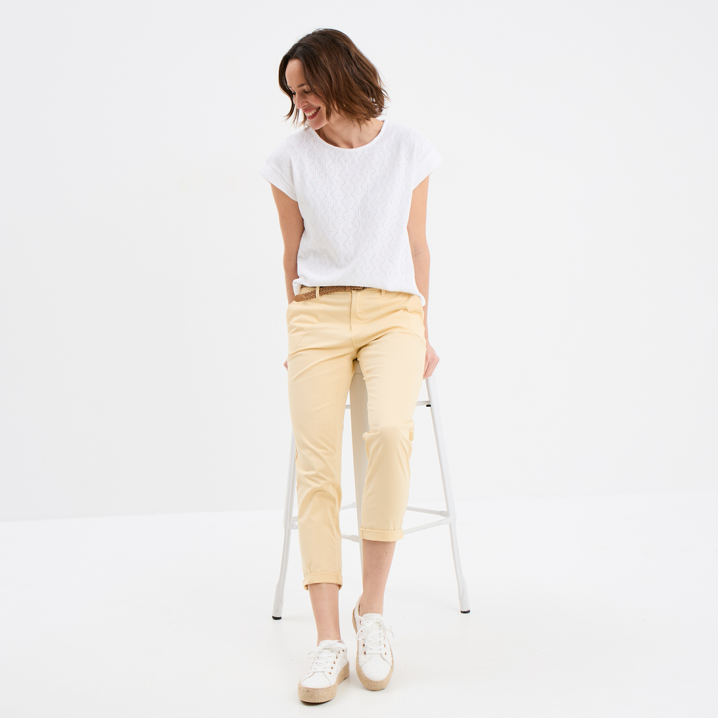 T-shirt ajour&eacute; manches courtes blanc femme