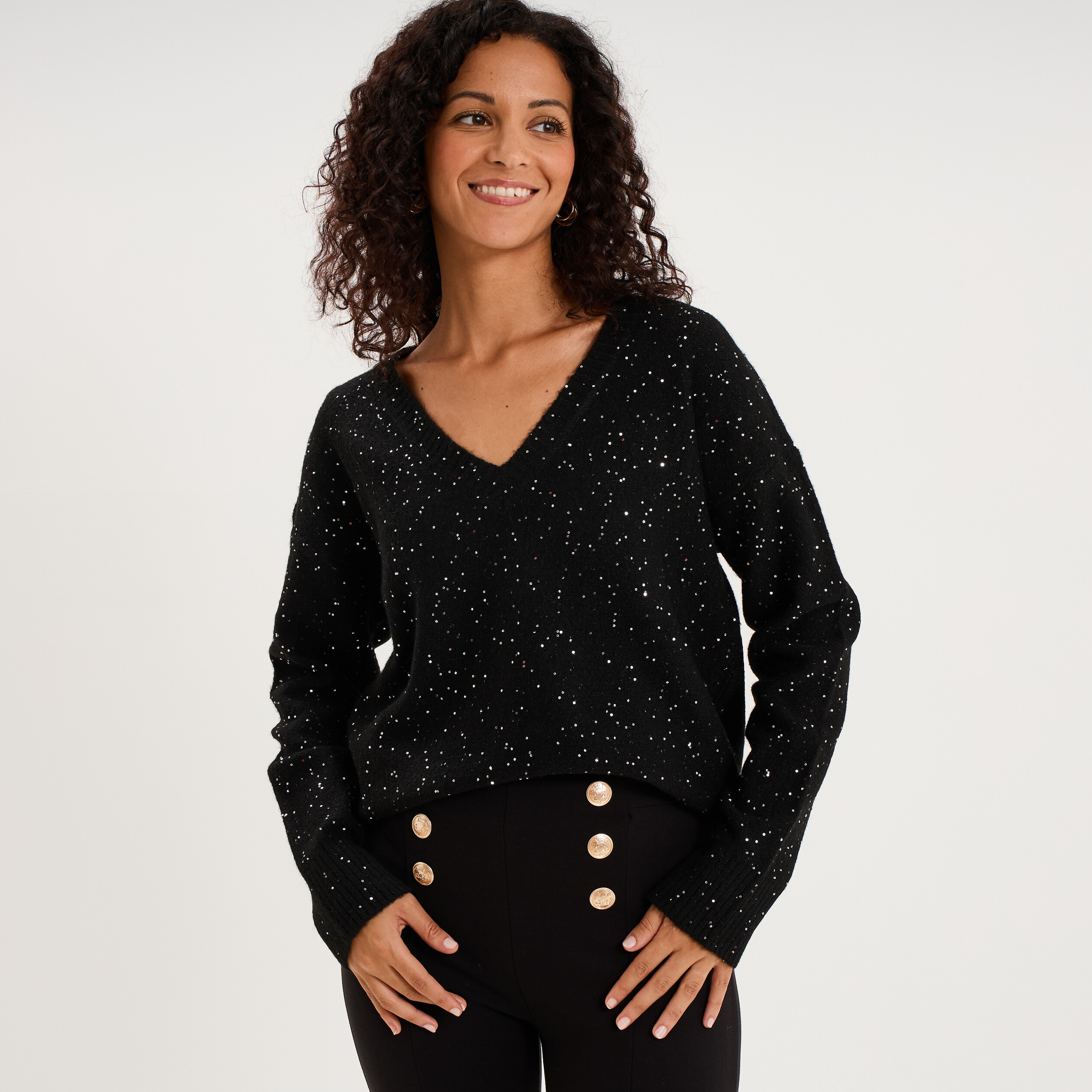 Pull droit &agrave; sequins et col en V noir femme