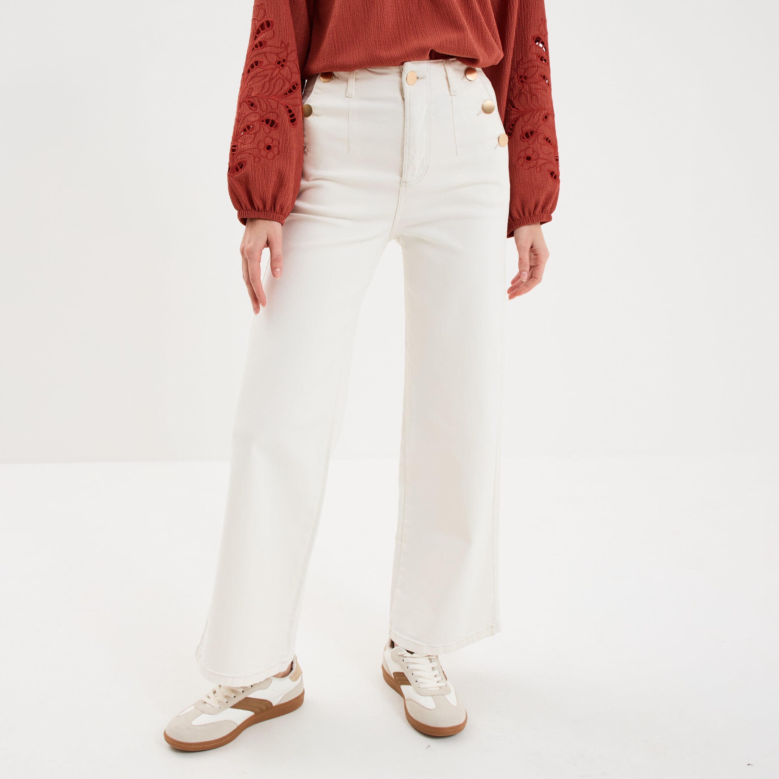 Pantalon cropped large &agrave; pont ecru femme