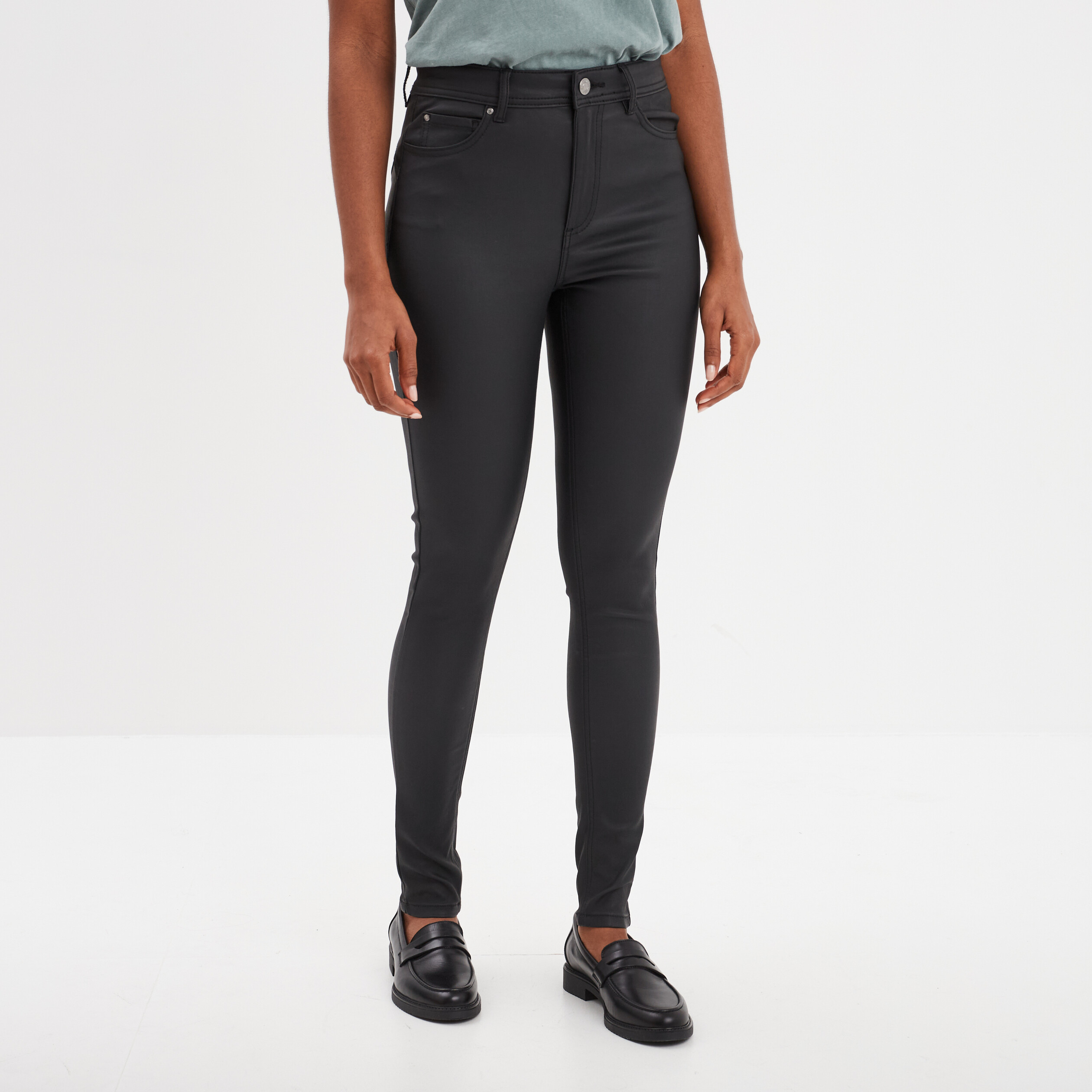 Pantalon enduit skinny push-up noir femme