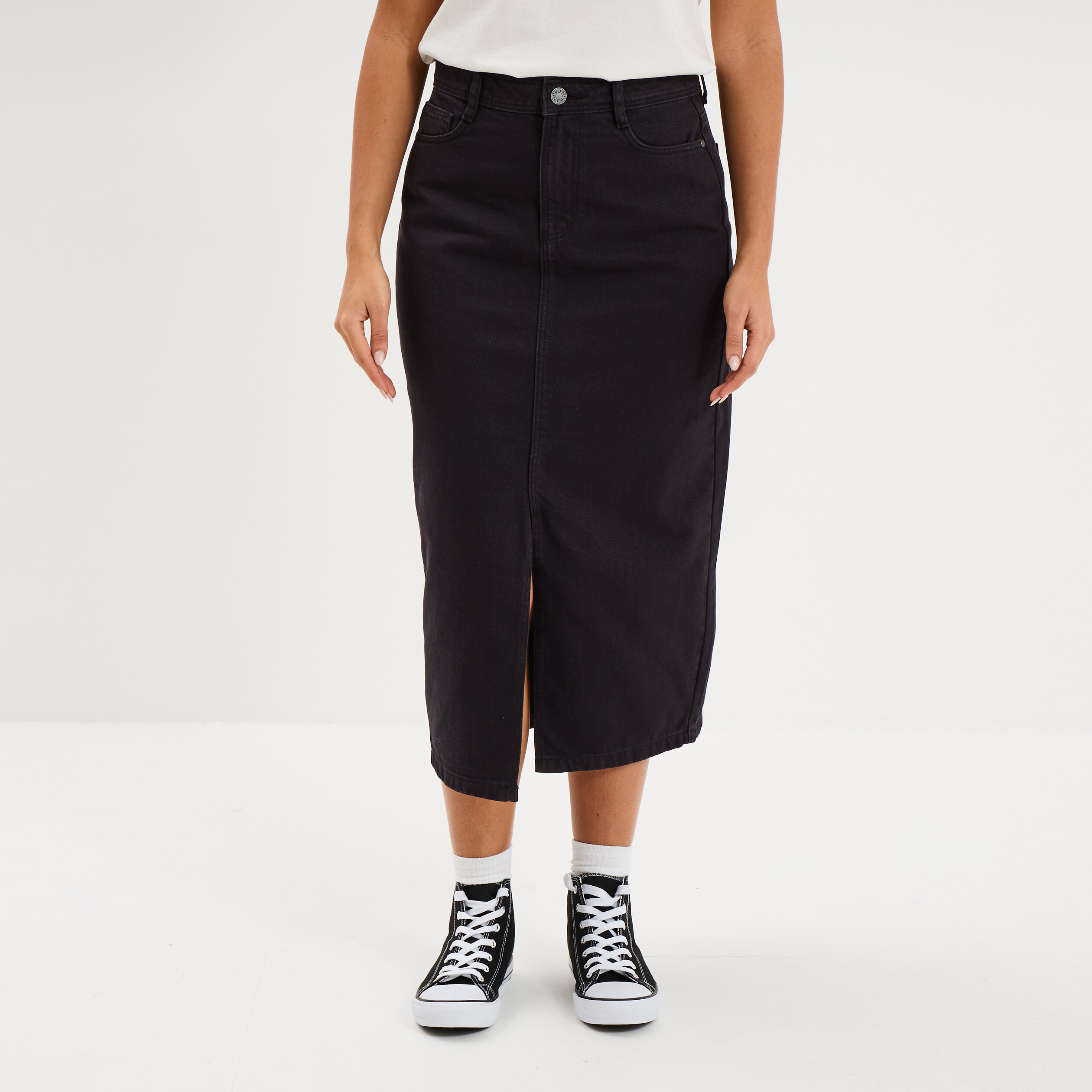 Jupe en jean longue fendue droite denim noir femme