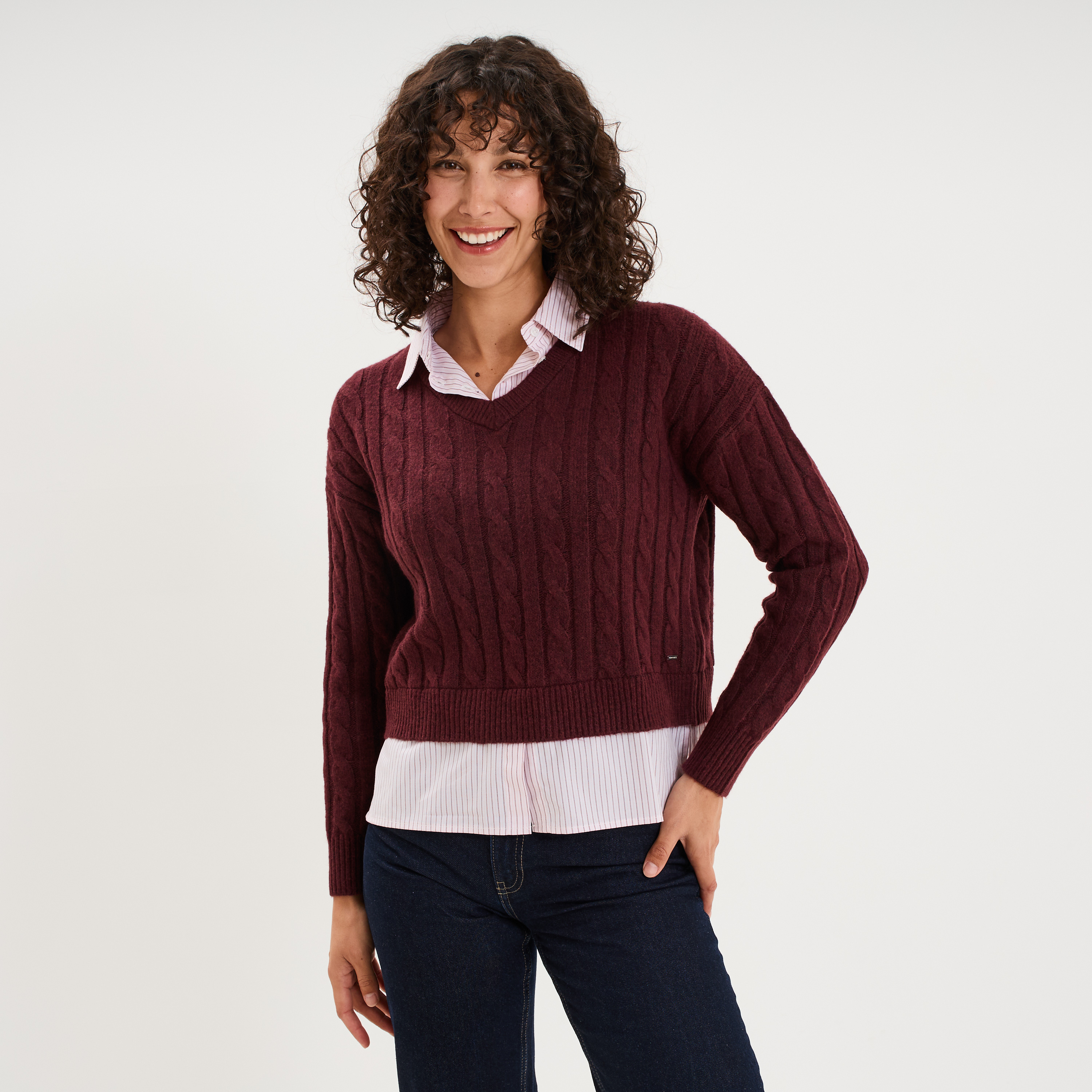Pull torsades effet 2-en-1 chemise violet fonc&eacute; femme