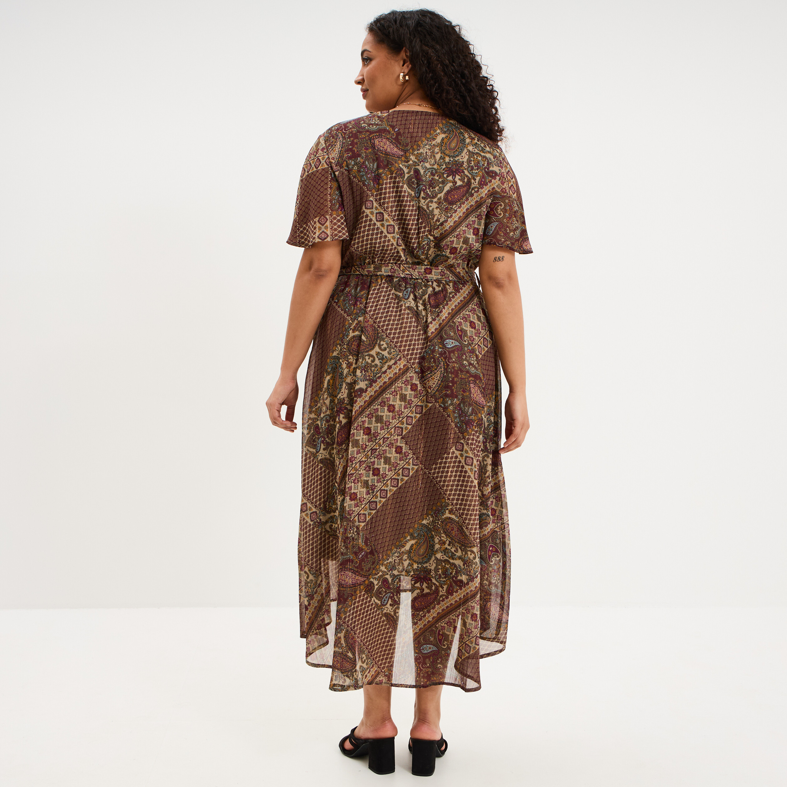 Robe longue fluide col en V ceintur&eacute;e vert kaki femme grande taille