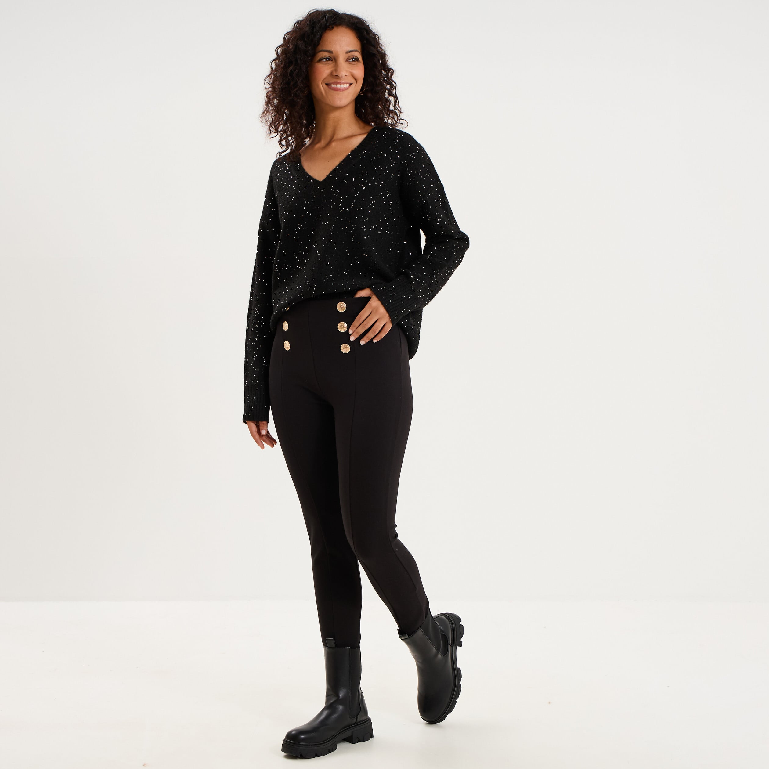Legging stretch avec boutons noir femme