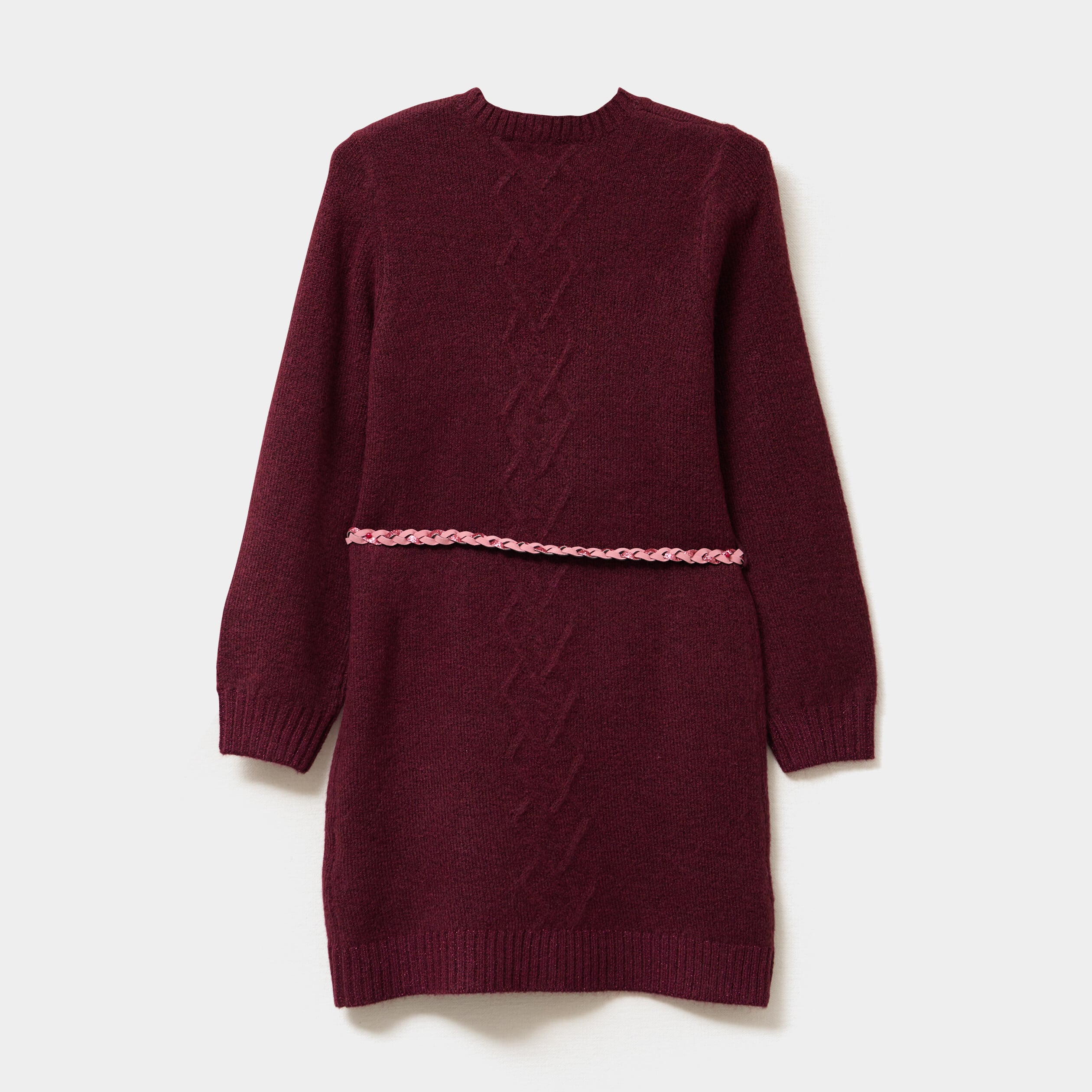 Robe pull courte avec ceinture tress&eacute;e bordeaux fille