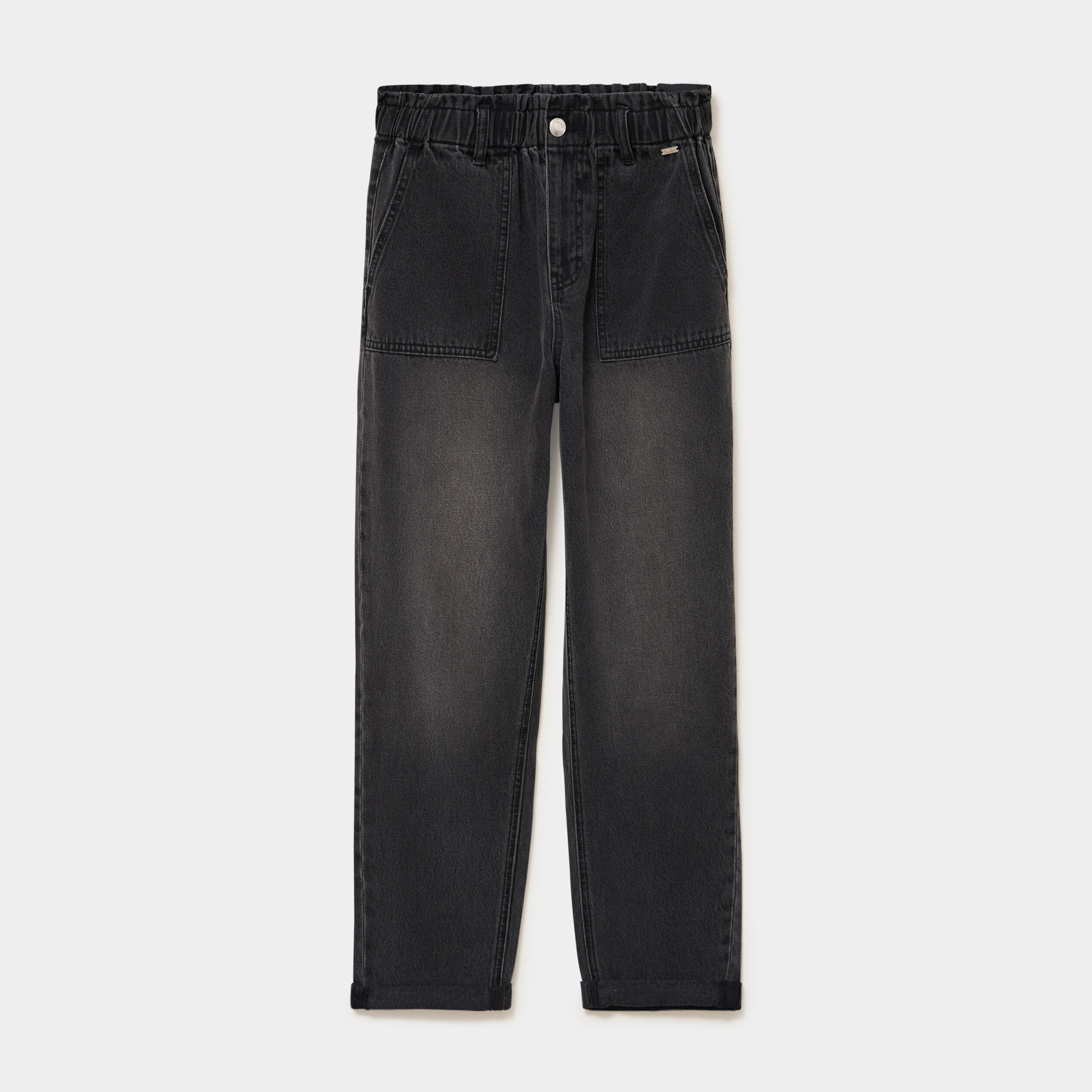 Jean paperbag cropped taille &eacute;lastiqu&eacute;e denim noir femme