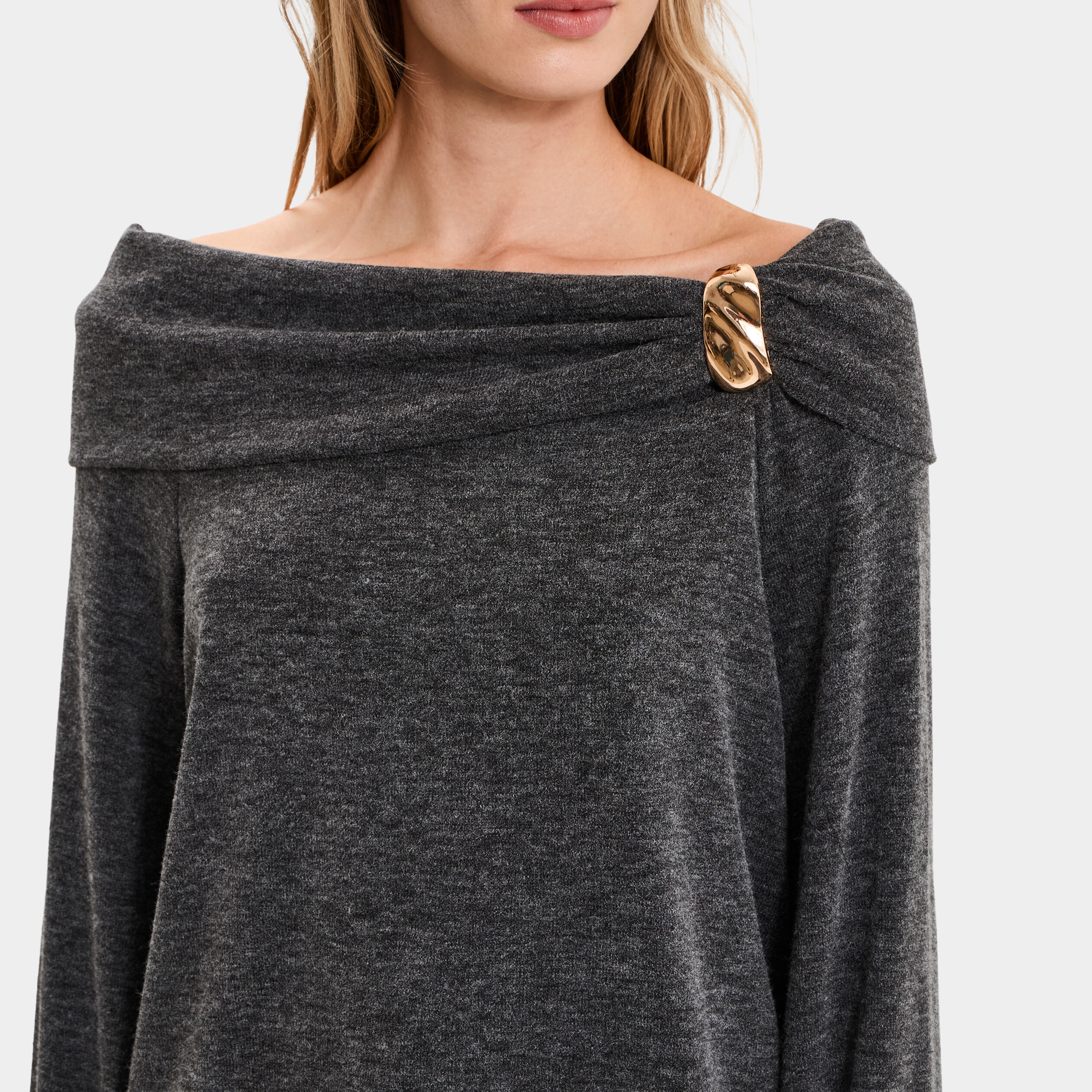 Pull encolure bateau manches longues gris femme