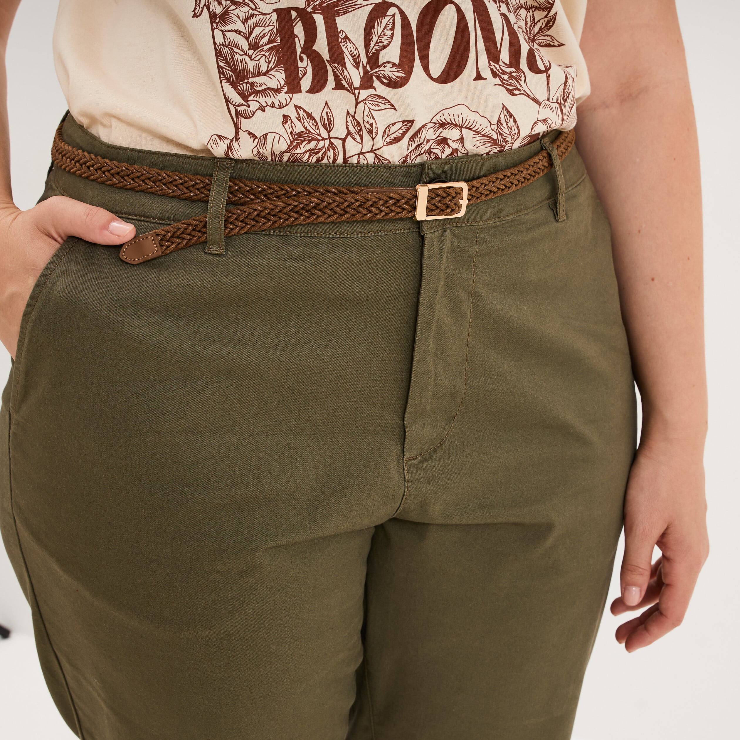 Pantalon chino taille haute coton vert kaki femme grande taille