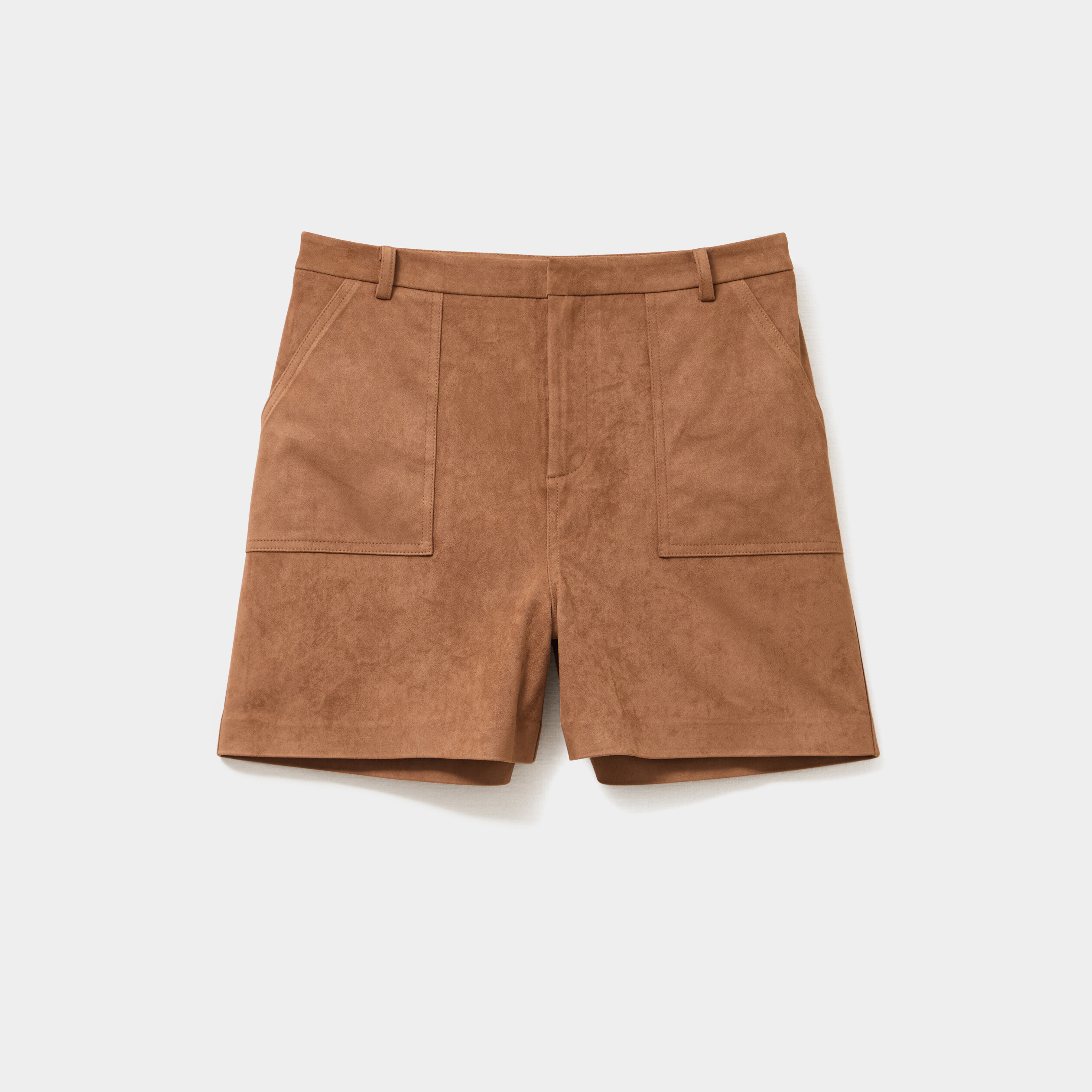 Short effet su&eacute;dine droit taille haute marron clair femme