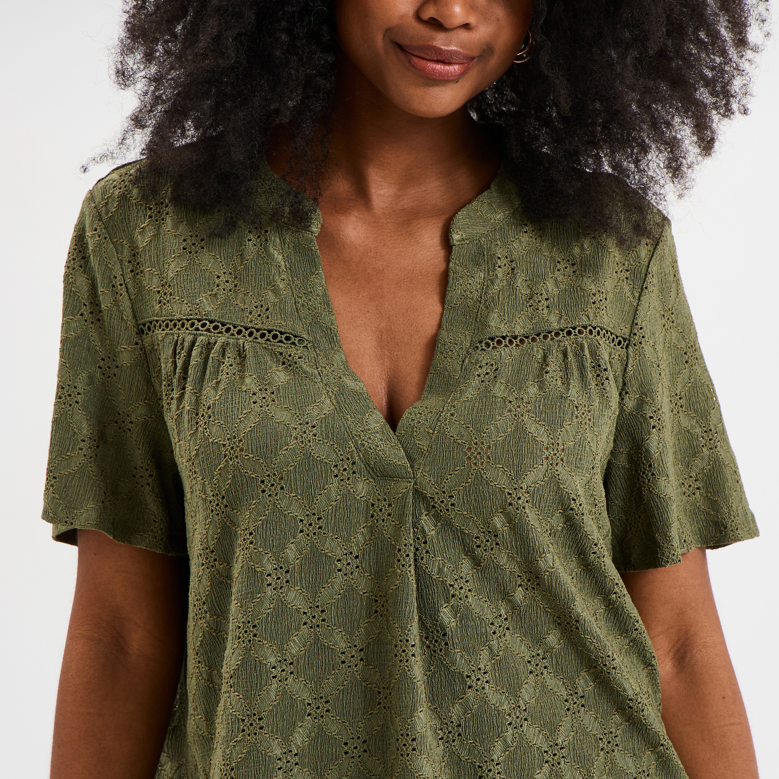 t shirt broderie anglaise col tunisien vert kaki femme T-shirt broderie anglaise col tunisien vert kaki femme