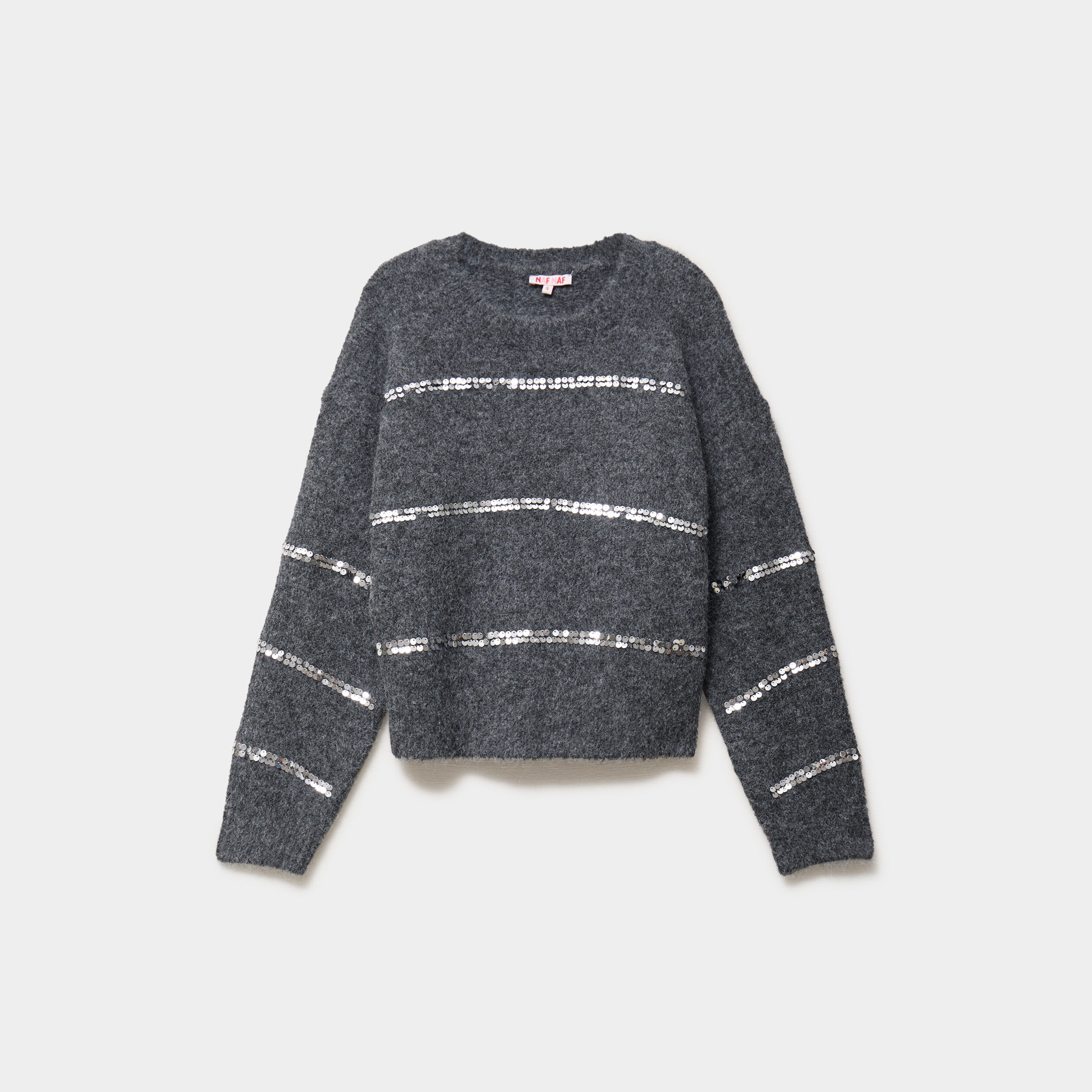 Pull col rond &agrave; sequins manches longues gris femme