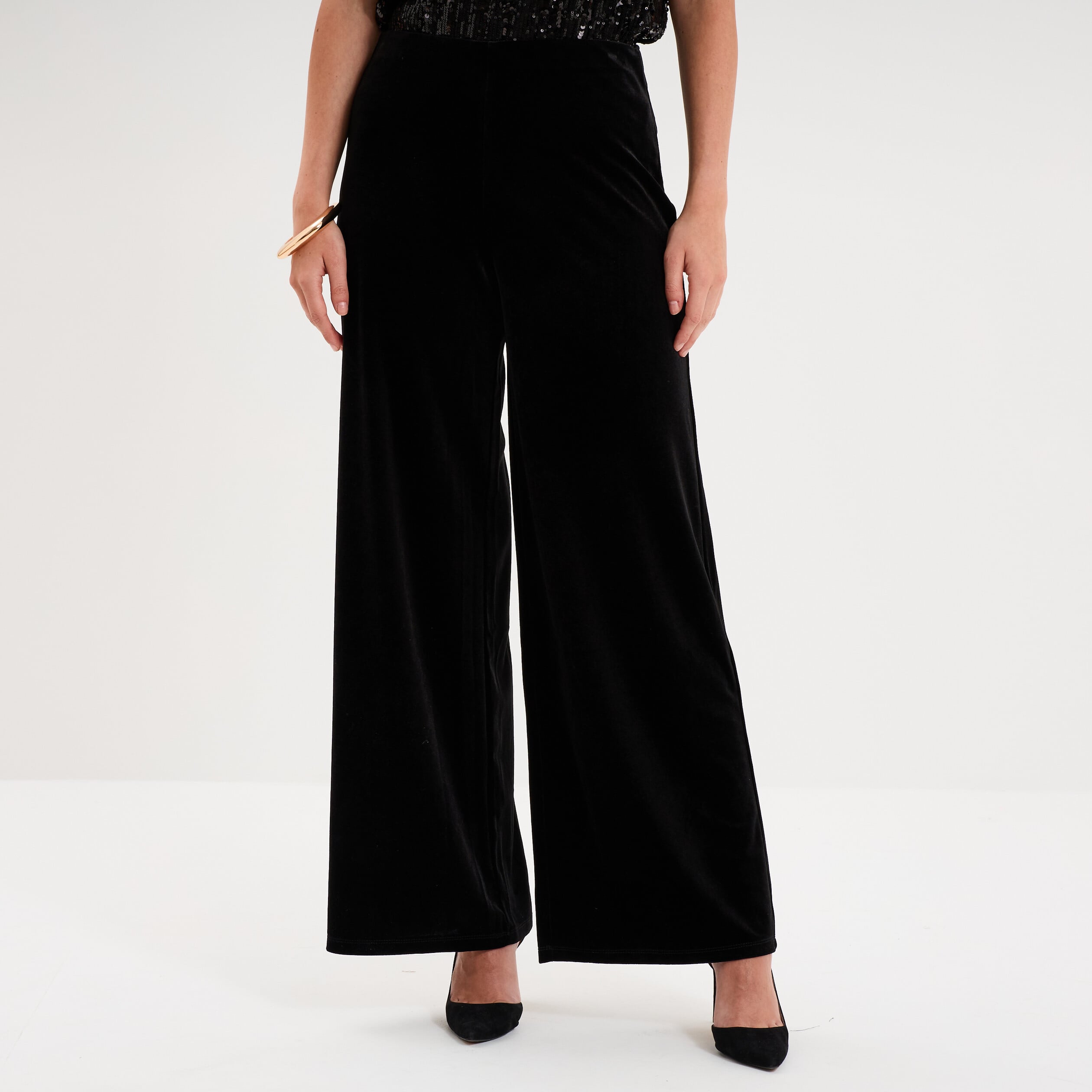 Pantalon large en velours taille haute noir femme