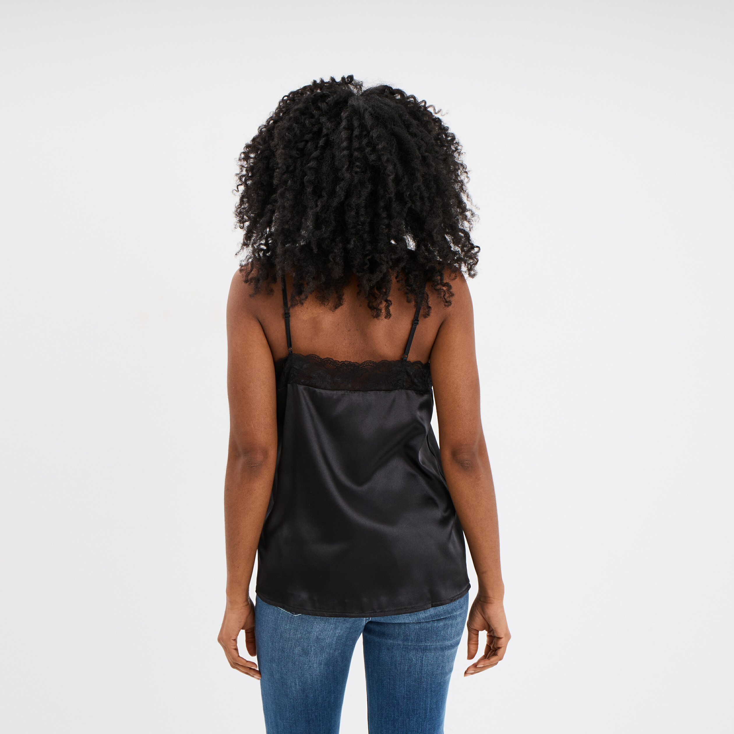 Caraco effet satin détails dentelle noir femme La Halle