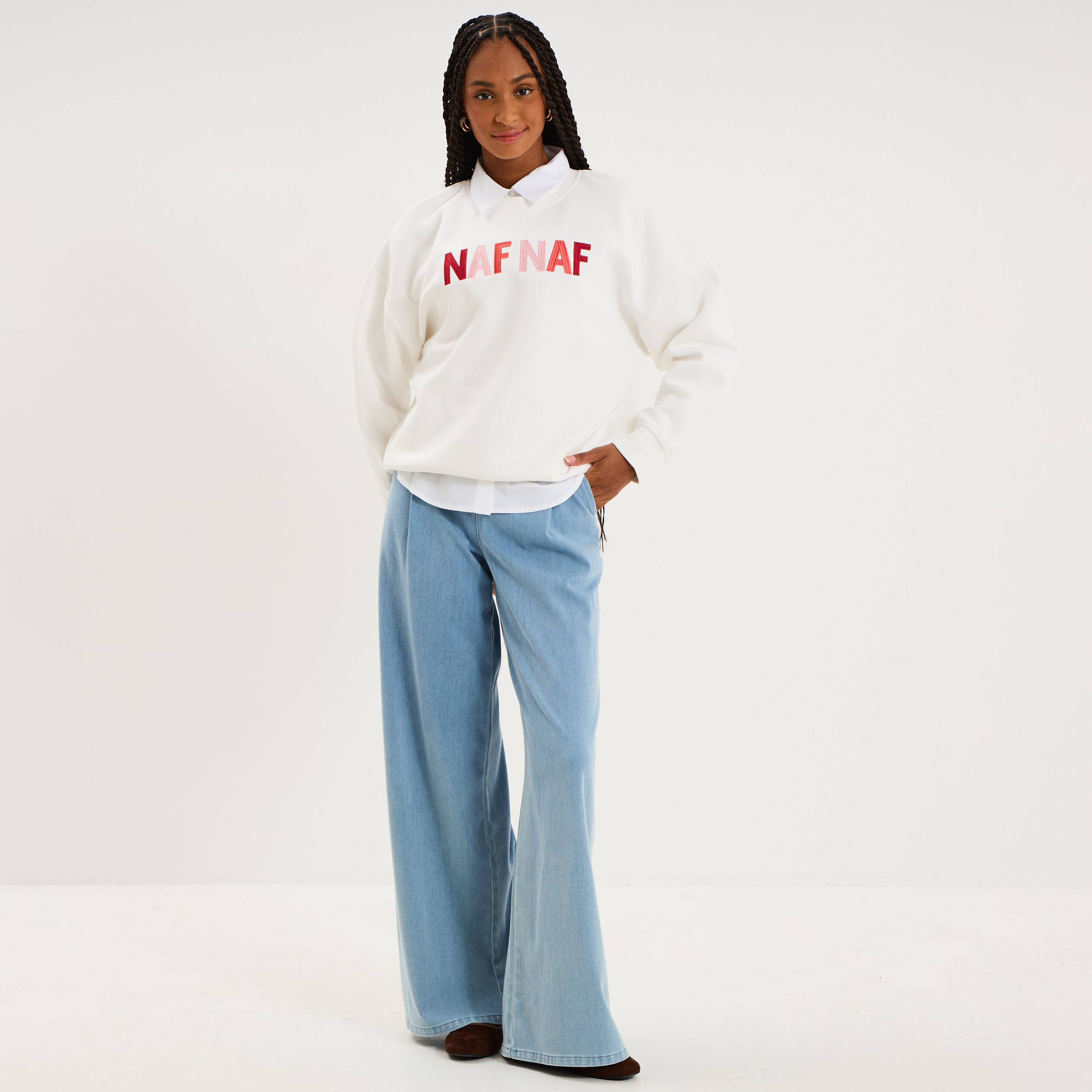Sweat col rond logo oversize blanc femme