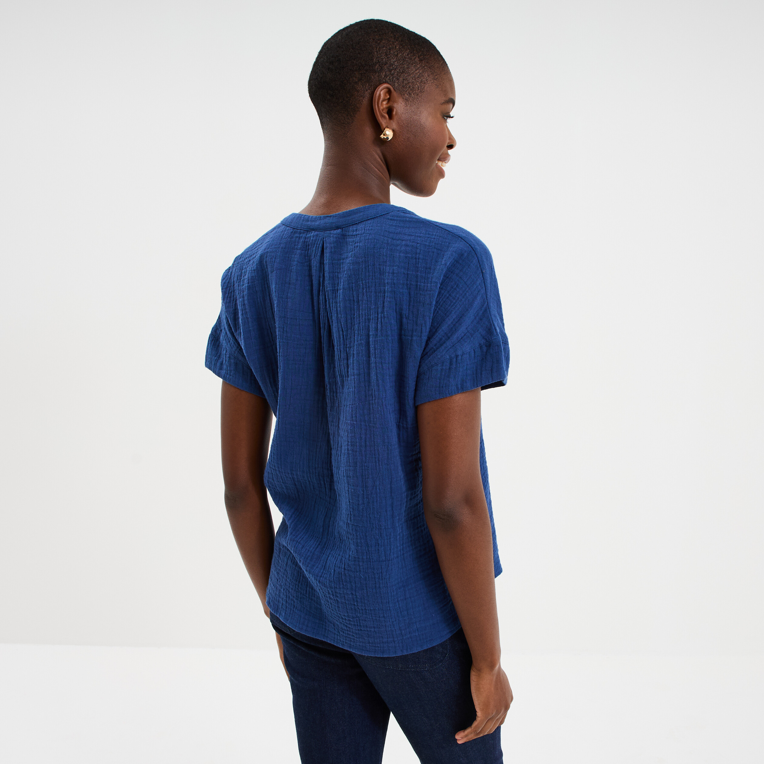 Blouse Col tunisien gaze de coton bleu marine femme