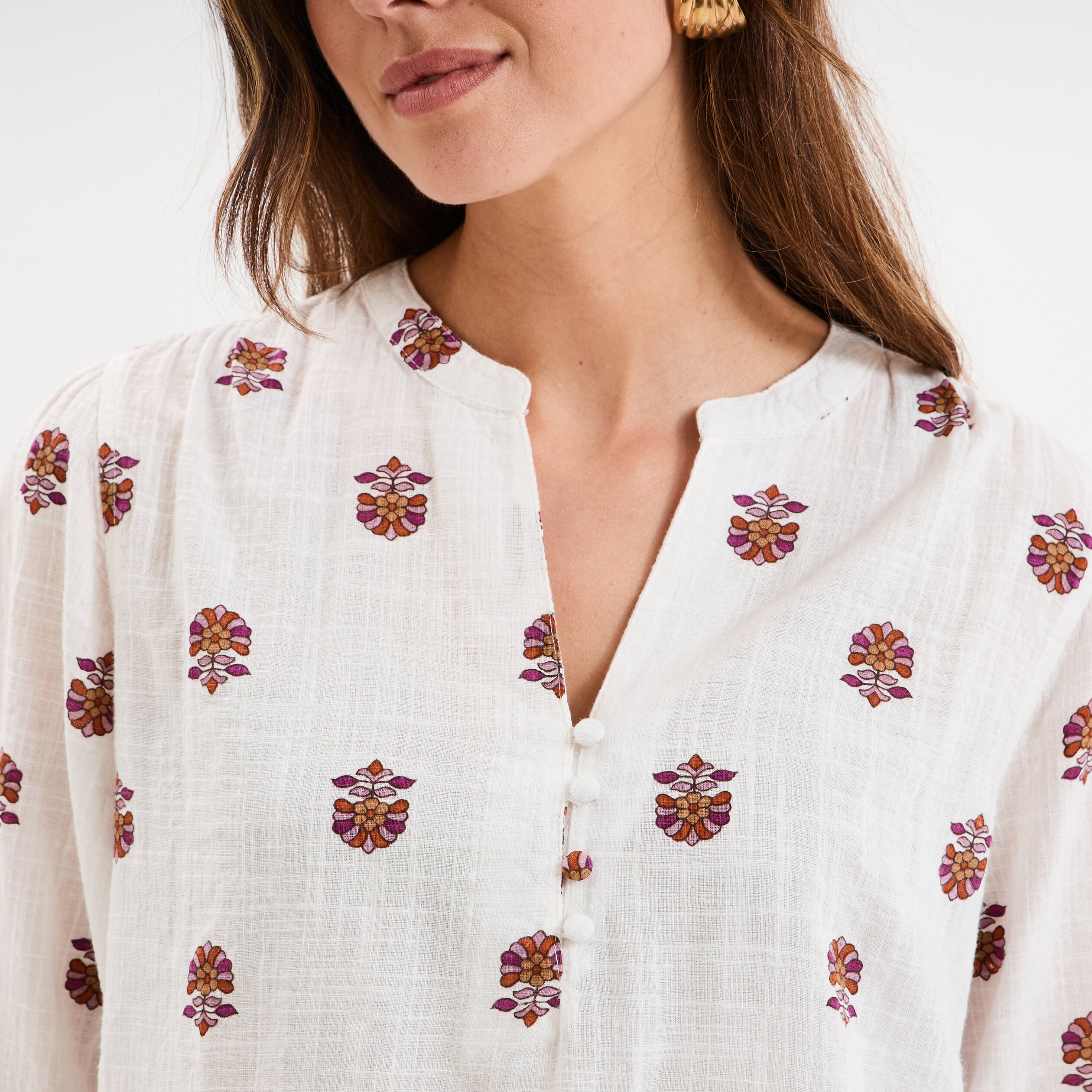 Blouse col tunisien manches 3/4 coton blanc femme
