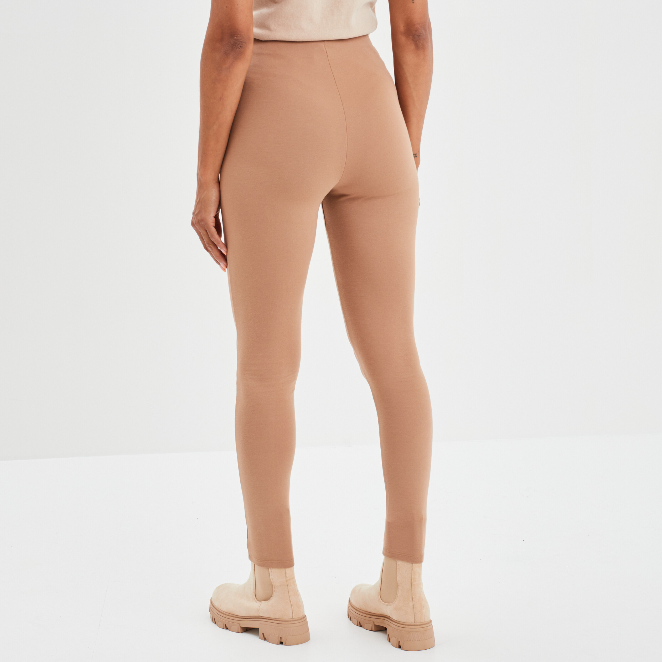 pantalon tregging slim a ponts marron clair femme Pantalon tregging slim à ponts marron clair femme