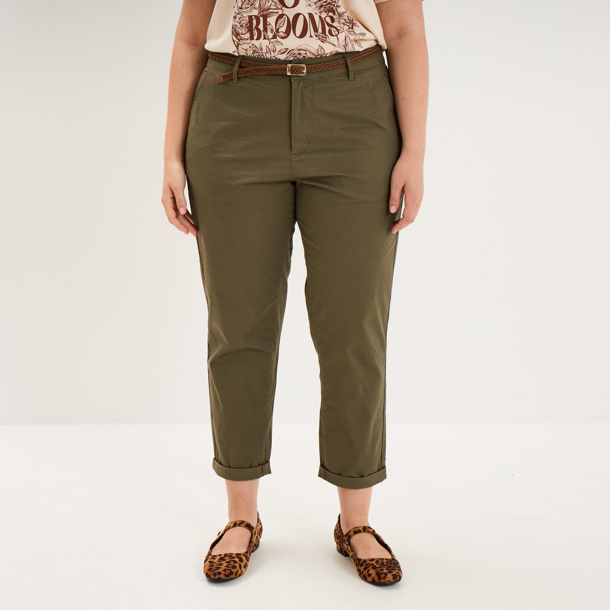 Pantalon chino taille haute coton vert kaki femme grande taille